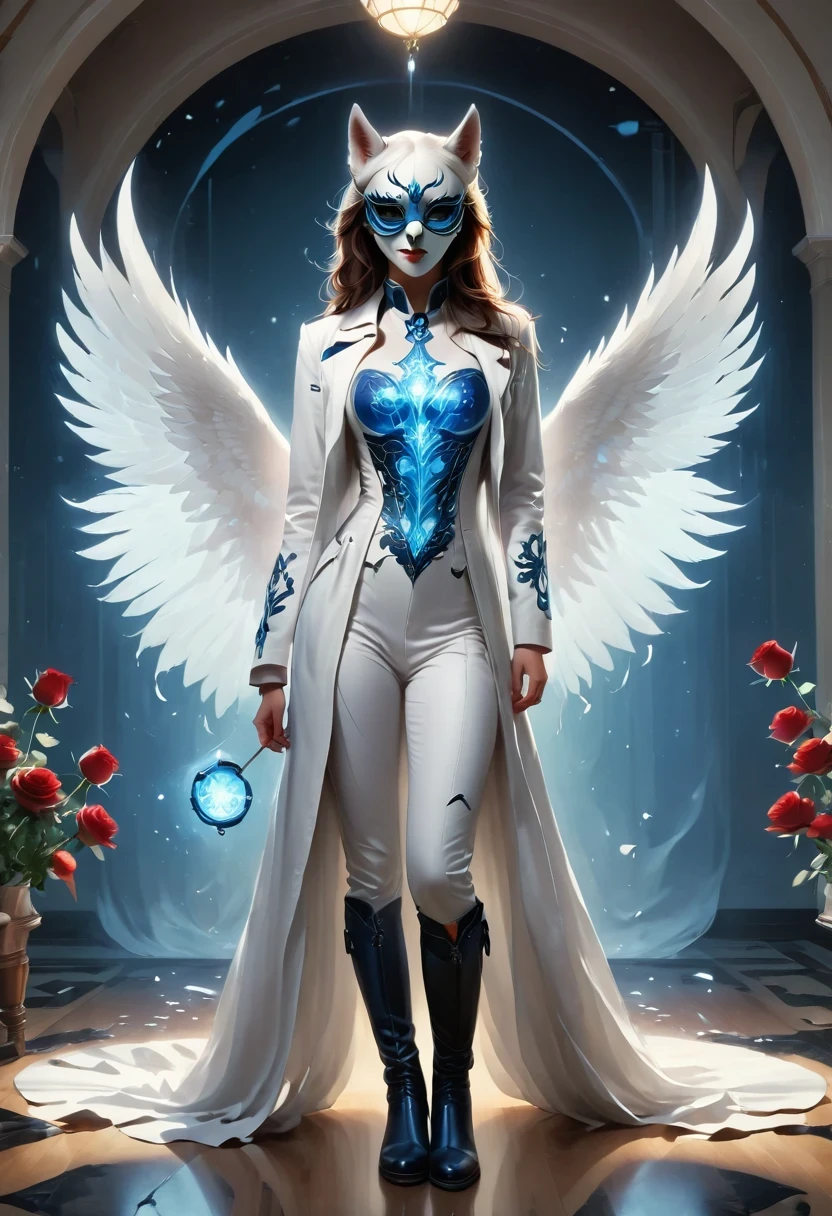 girl, white body, Tall, Serious expression, frown ,(doctor clothing,, White mask, blue, white boots, black pattern: 1.2), wolf ears, roses on the ground,((broken into pieces)), (indoor: 1.35), incandescent indoor lighting, , shadow (particle, soft light, white glow): 1.3, white coat, anatomically correct, Simple background, cartoon, Warm colors, soft lines
