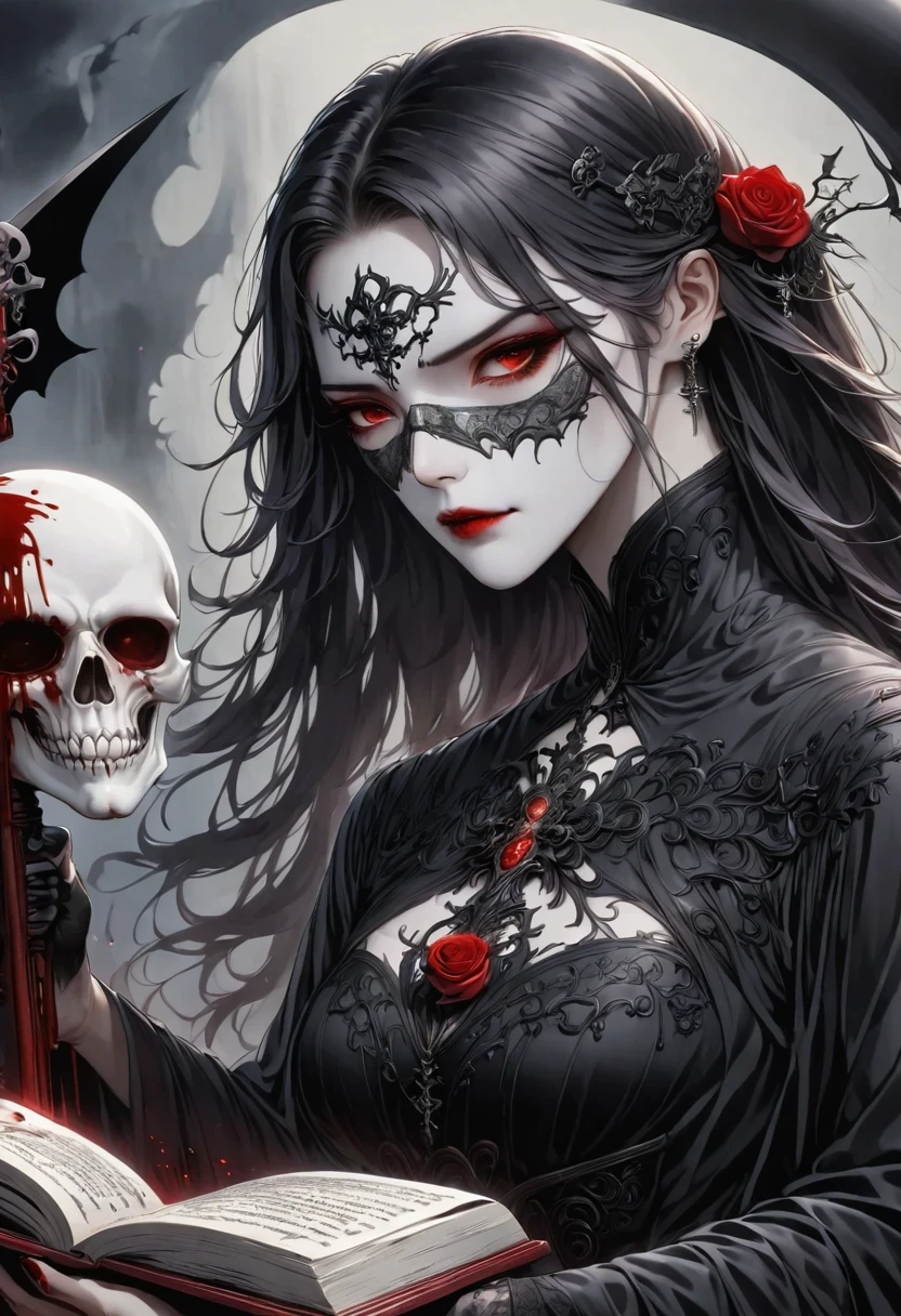 Alafd image,One was wearing a black robe、man holding red rose, blood spatter,blood pool,cross,Magic book,Gothic elements,the grim Reaper, grim Reaper, Beautiful male grim Reaper, reaper as a scary, portrait of grim Reaper, reaper in overwatch, A harbinger of death, punk grim Reaper, reminded me of the grim Reaper, reaper, grim Reaper