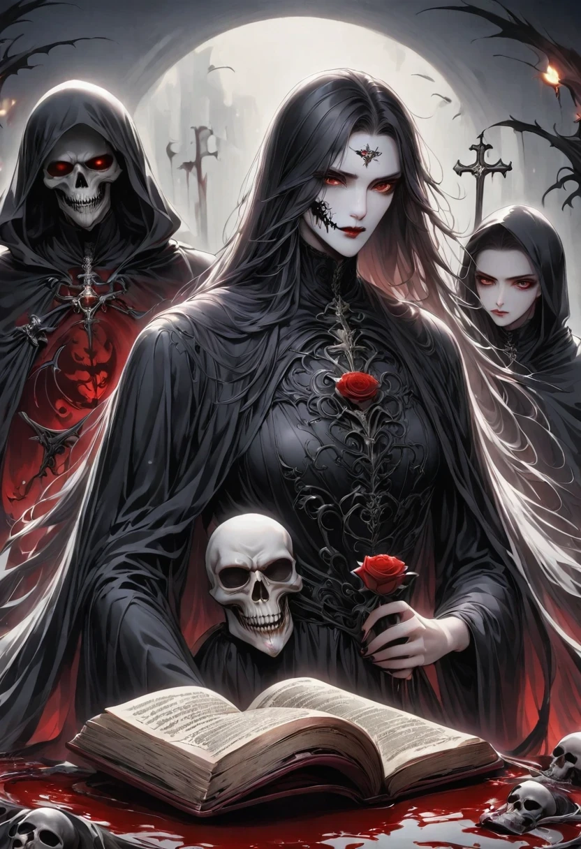 Alafd image，One was wearing a black robe、man holding red rose, blood spatter，blood pool，cross，Magic book，Gothic elements，the grim Reaper, grim Reaper, Beautiful male grim Reaper, reaper as a scary, portrait of grim Reaper, reaper in overwatch, A harbinger of death, punk grim Reaper, reminded me of the grim Reaper, reaper, grim Reaper