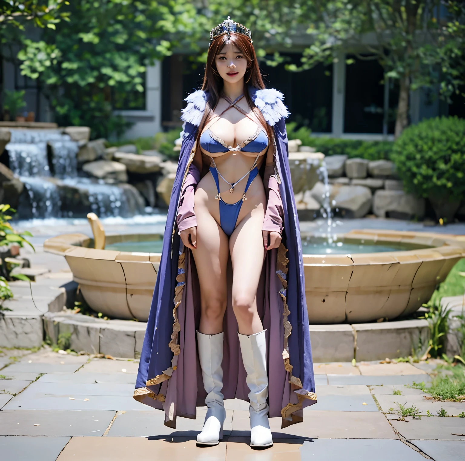 Araf woman in bikini and cape posing for photo, full body xianxia, sweet smile，long legged girl，put on boots，huge breasts，Beautiful fantasy queen, 穿着fantasy costumes, Gorgeous role play, Queen of the Sea Mu Yanling, cosplay photos, fantasy costumes, Anime Girls Cosplay, elegant Fascinating role play, promotional role play, Sha Xi, wenfei ye, Fascinating role play