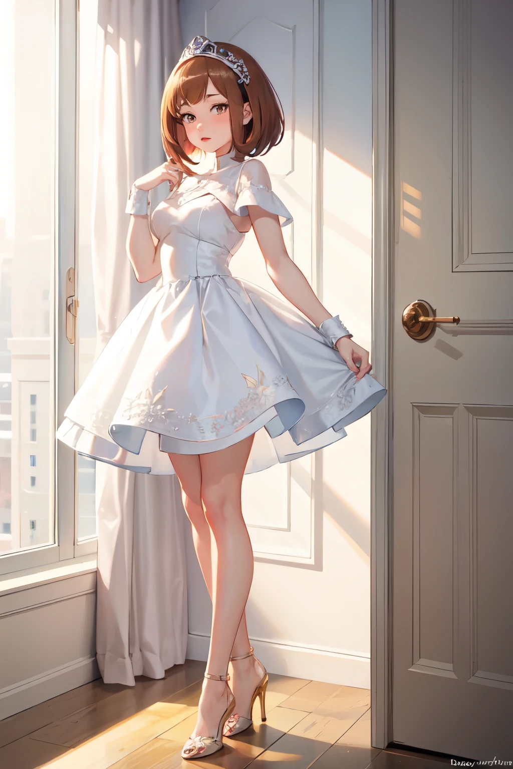 ((best quality)), ((masterpiece)), (detailed), perfect face, my hero academia, ochaco uraraka,1girl, standing, full body, cute, brown hair, short hair, golden brown eyes, two hair bangs, pink beautiful dress, detailed eyes, pink heels, pink lipstick on lips, cute girl, luxury room, highly detailed, ultra detailed, soft skin, solo, soft expression, full clothes, detailed hair, detailed dress, anime, 8k quality, ball gown, ball dress, bobbed hair with baby bangs, two longer parts of hair on the side of her face, blush on cheeks