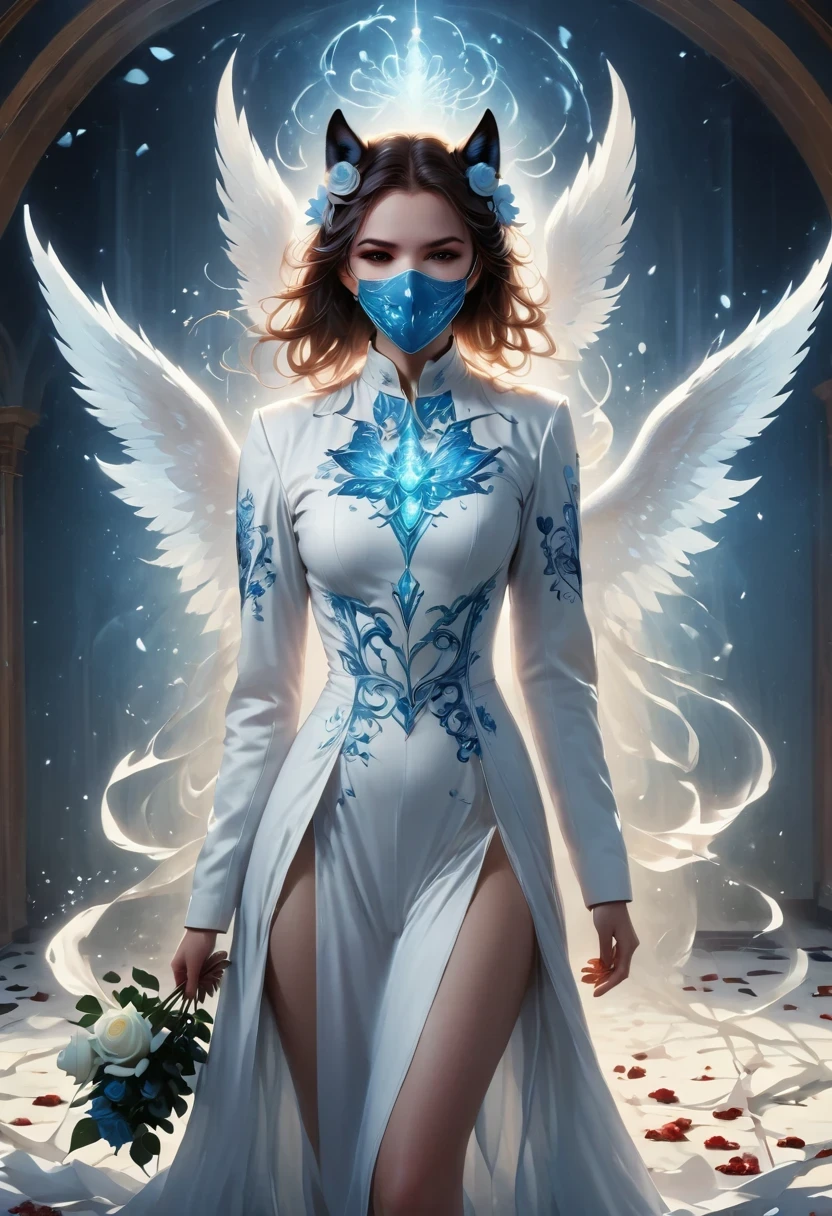 girl, white body, Tall, Serious expression, frown ,(doctor clothing,, White mask, blue, white boots, black pattern: 1.2), wolf ears, roses on the ground,((broken into pieces)), (indoor: 1.35), incandescent indoor lighting, , shadow (particle, soft light, white glow): 1.3, white coat, anatomically correct, Simple background, cartoon, Warm colors, soft lines