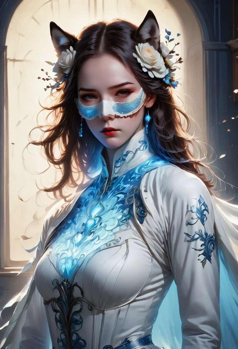 girl, white body, Tall, Serious expression, frown ,(doctor clothing,, White mask, blue, white boots, black pattern: 1.2), wolf ears, roses on the ground,((broken into pieces)), (indoor: 1.35), incandescent indoor lighting, , shadow (particle, soft light, white glow): 1.3, white coat, anatomically correct, Simple background, cartoon, Warm colors, soft lines