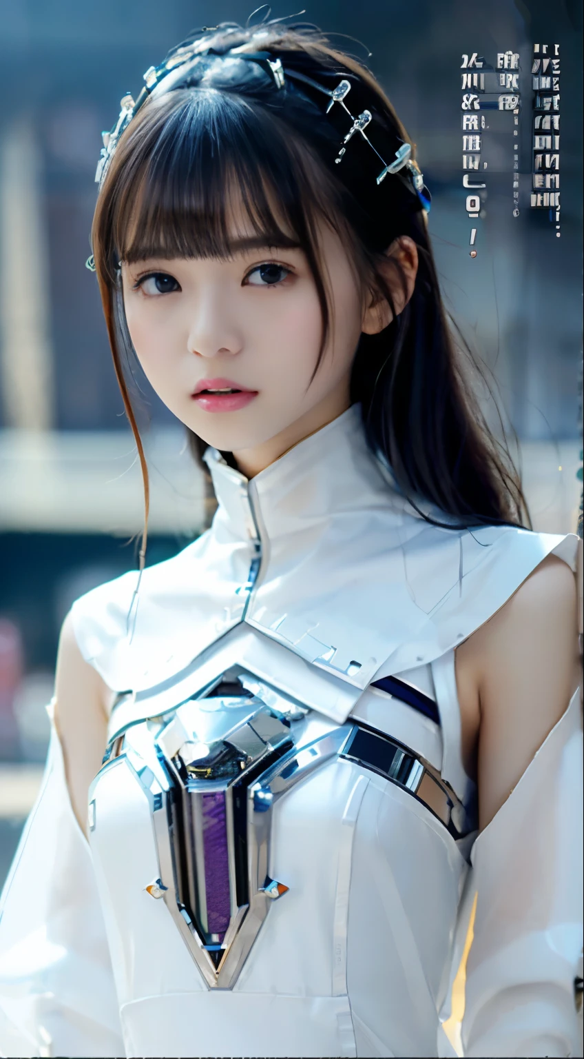 NSFW,((highest quality、8K、master piece:1.3))Wearing a silver-white mecha，Girl with a delicate face，best image quality，super transparent，The facial features are delicate and clear，machine arm，exquisite details，(Camels too)、mechanical pattern,cyberpunk characters、cyber city、Number of people、Number of pieces、total number、throne、(reveal clothing:1.5)