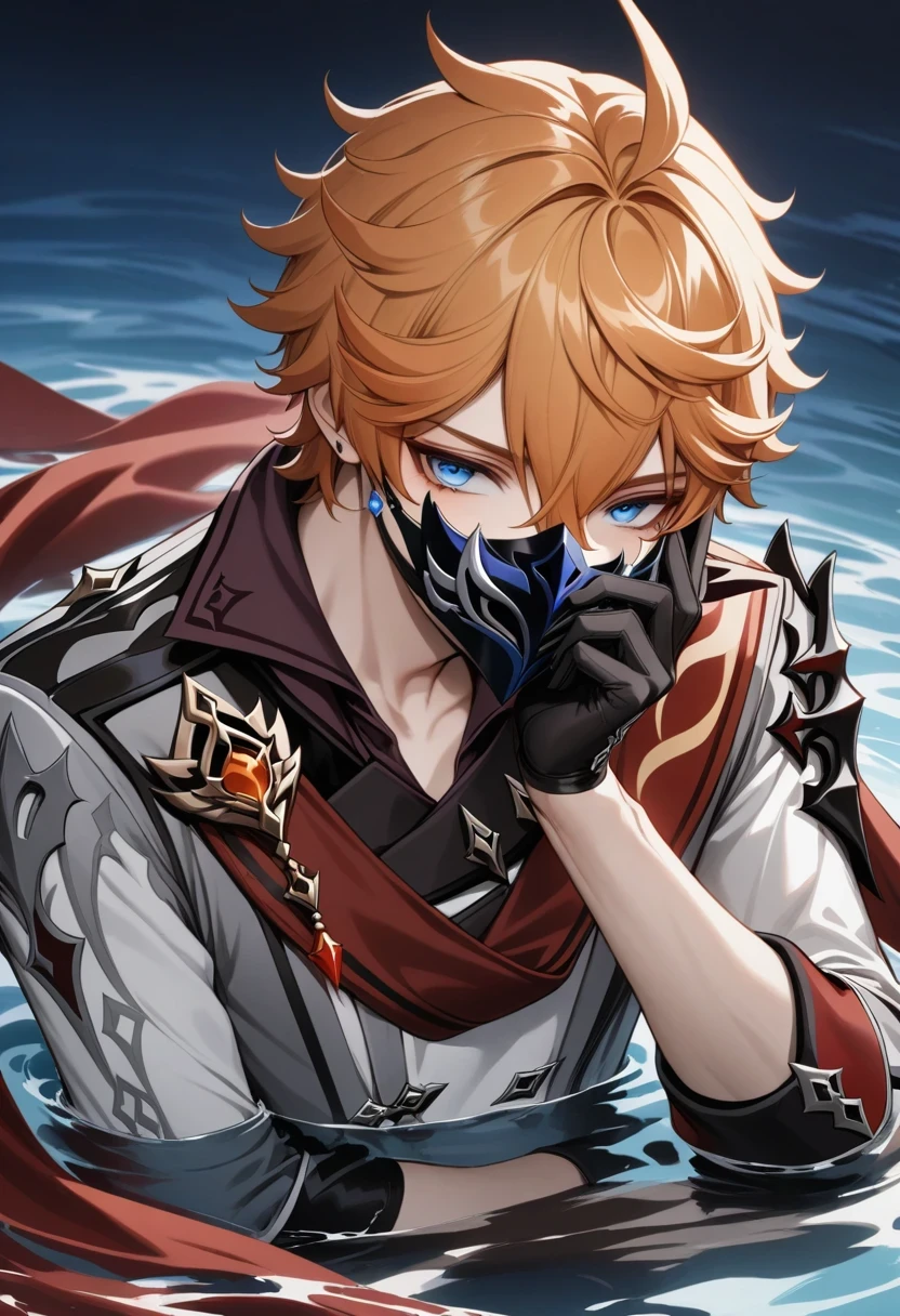 masterpiece, best quality, Tartaglia (Genshin Impact), Gloves, mask, male focus, 1 boy, blue eyes, black Gloves, alone, orange hair, Bangs, water, Jacket, hair between eyes, jewelry, scarf,