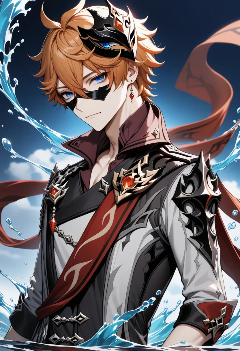 masterpiece, best quality, Tartaglia (Genshin Impact), Gloves, mask, male focus, 1 boy, blue eyes, black Gloves, alone, orange hair, Bangs, water, Jacket, hair between eyes, jewelry, scarf,