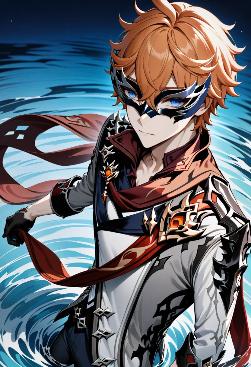masterpiece, best quality, Tartaglia (Genshin Impact), Gloves, mask, male focus, 1 boy, blue eyes, black Gloves, alone, orange hair, Bangs, water, Jacket, hair between eyes, jewelry, scarf,