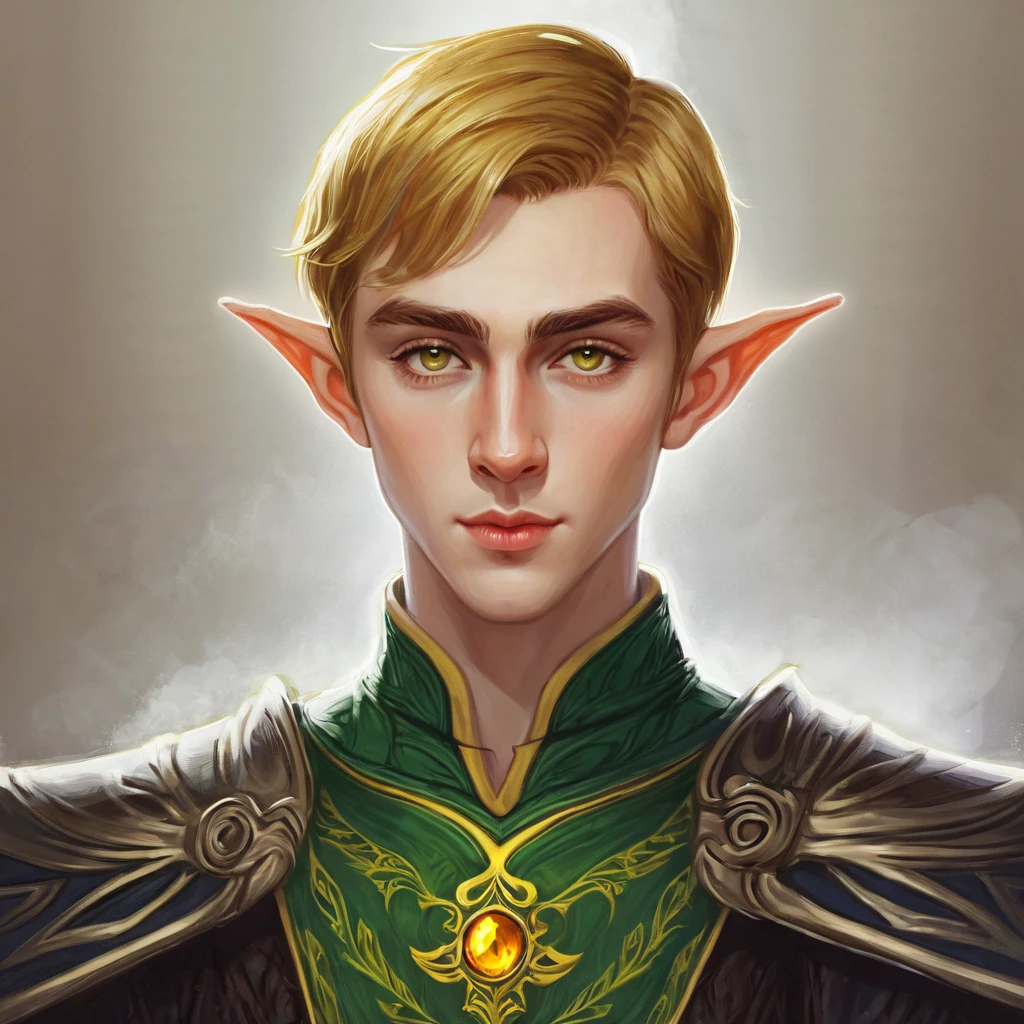 Dungeons & Dragons, aesthetic, dungeons and dragons, paladin portrait of a 2 4 years old male evil elf with short dark blonde hair, yellow irises!! elf, rogue, sharp focus, d & d, fantasy, intricate, elegant, highly detailed, digital painting, art