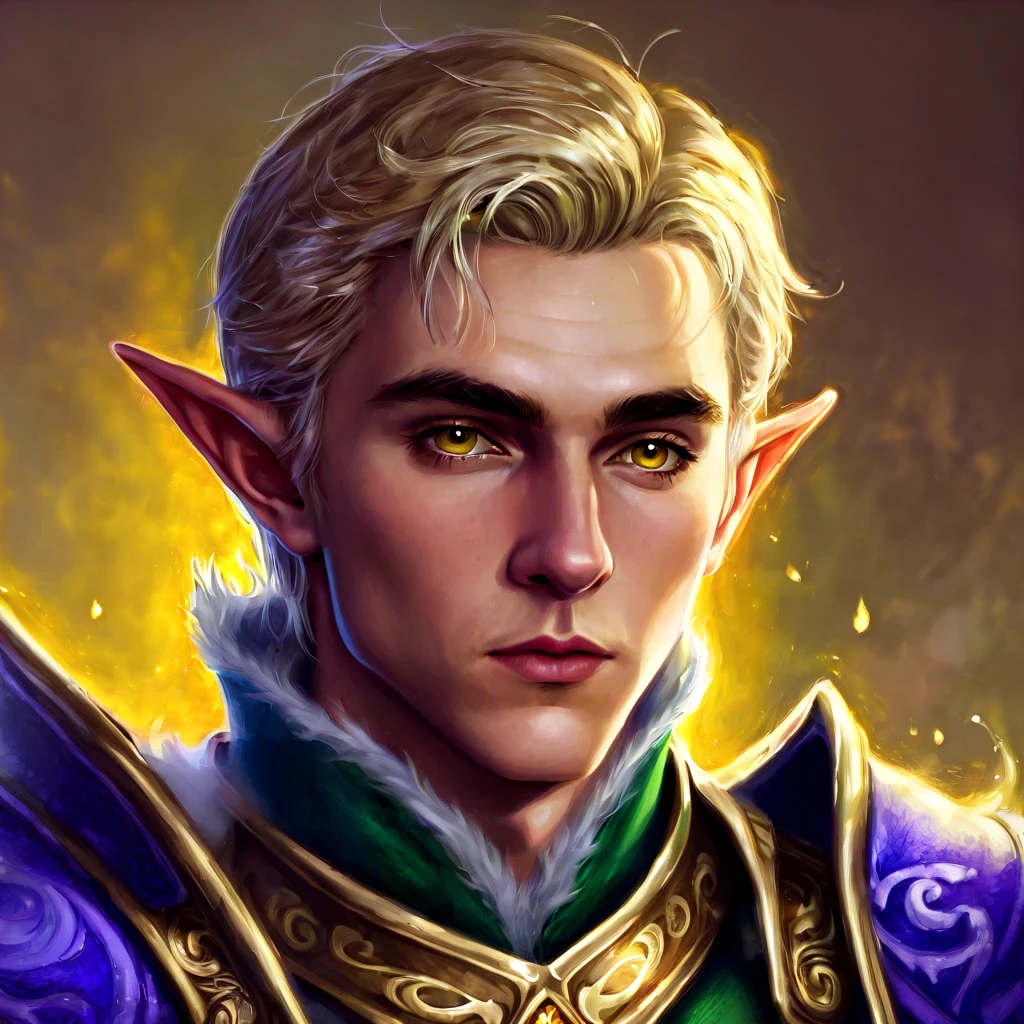 Dungeons & Dragons, aesthetic, dungeons and dragons, paladin portrait of a 2 4 years old male evil elf with short dark blonde hair, yellow irises!! elf, rogue, sharp focus, d & d, fantasy, intricate, elegant, highly detailed, digital painting, art