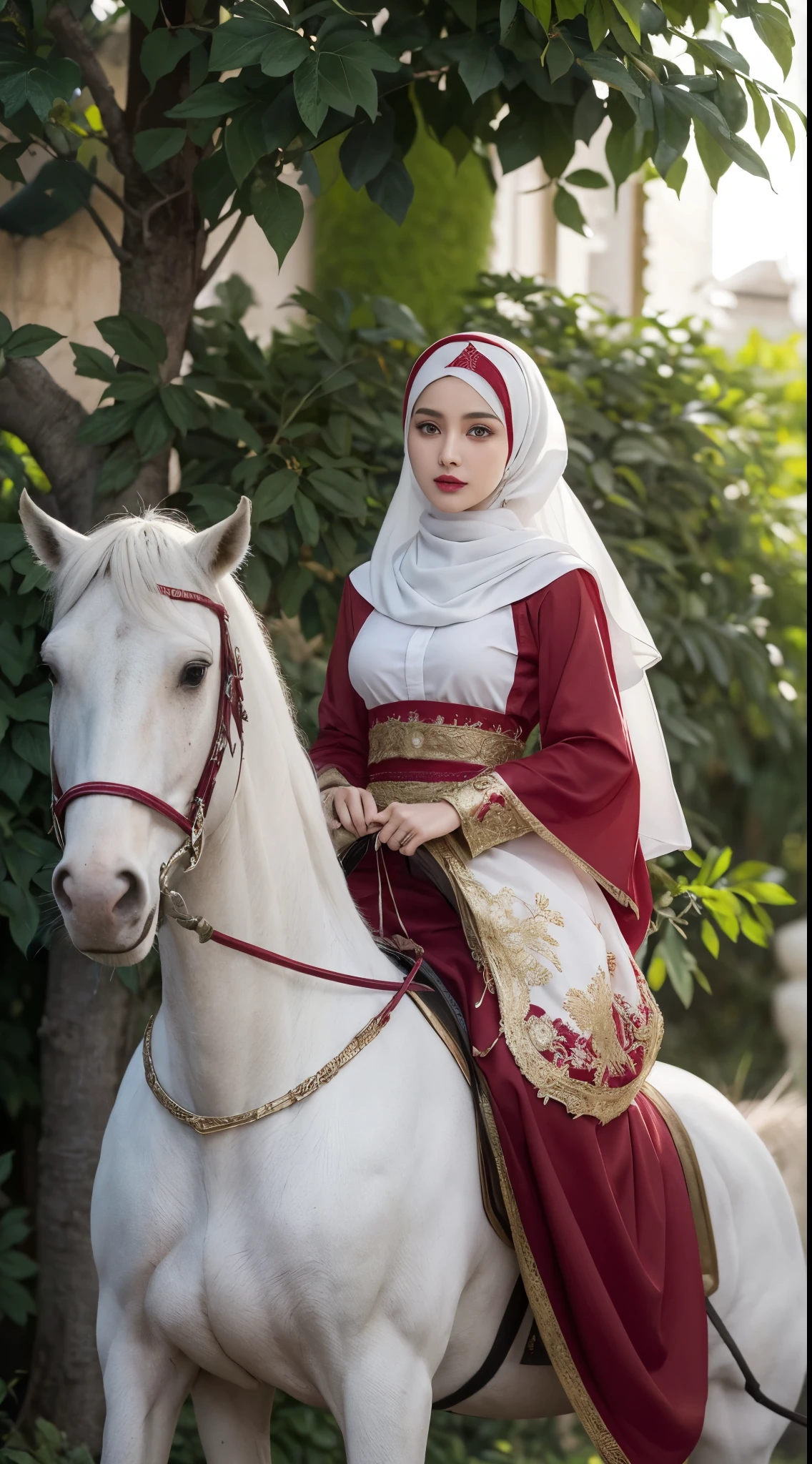 an Arabian beautiful 20th woman in hijab and Islamic long uniform, a long  red islamic dress, perfect islamic red dress, big green eyes, red lips, white skin, eyeshadow,  realistic Art Station, hard, Detailed Fantasy Art, Stunning Character Art, beautiful Exquisite Character Art, Beautiful black Armor, Extremely Detailed, blue armor Girl, Exquisite Intricate Headdress and Jewelry, close  capture, mulim lady with Muslim uniform, riding white horse, birds around 