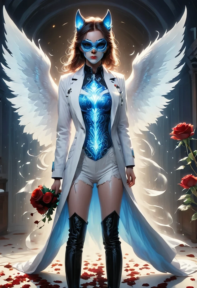 girl, white body, Tall, Serious expression, frown ,(doctor clothing,, White mask, blue, white boots, black pattern: 1.2), wolf ears, roses on the ground,((broken into pieces)), (indoor: 1.35), incandescent indoor lighting, , shadow (particle, soft light, white glow): 1.3, white coat, anatomically correct, Simple background, cartoon, Warm colors, soft lines