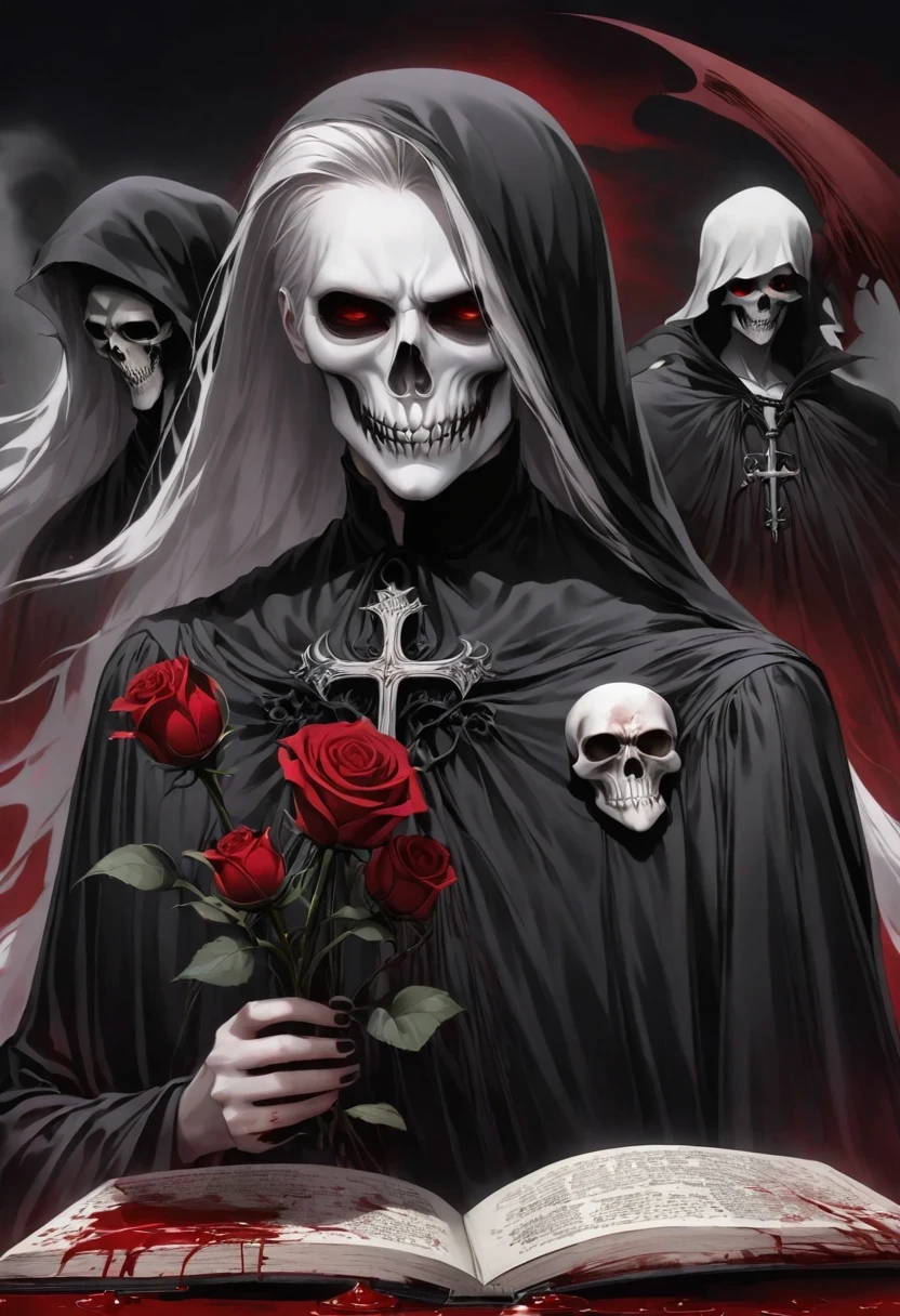 Alafd image,One was wearing a black robe、man holding red rose, blood spatter,blood pool,cross,Magic book,Gothic elements,the grim Reaper, grim Reaper, Beautiful male grim Reaper, reaper as a scary, portrait of grim Reaper, reaper in overwatch, A harbinger of death, punk grim Reaper, reminded me of the grim Reaper, reaper, grim Reaper