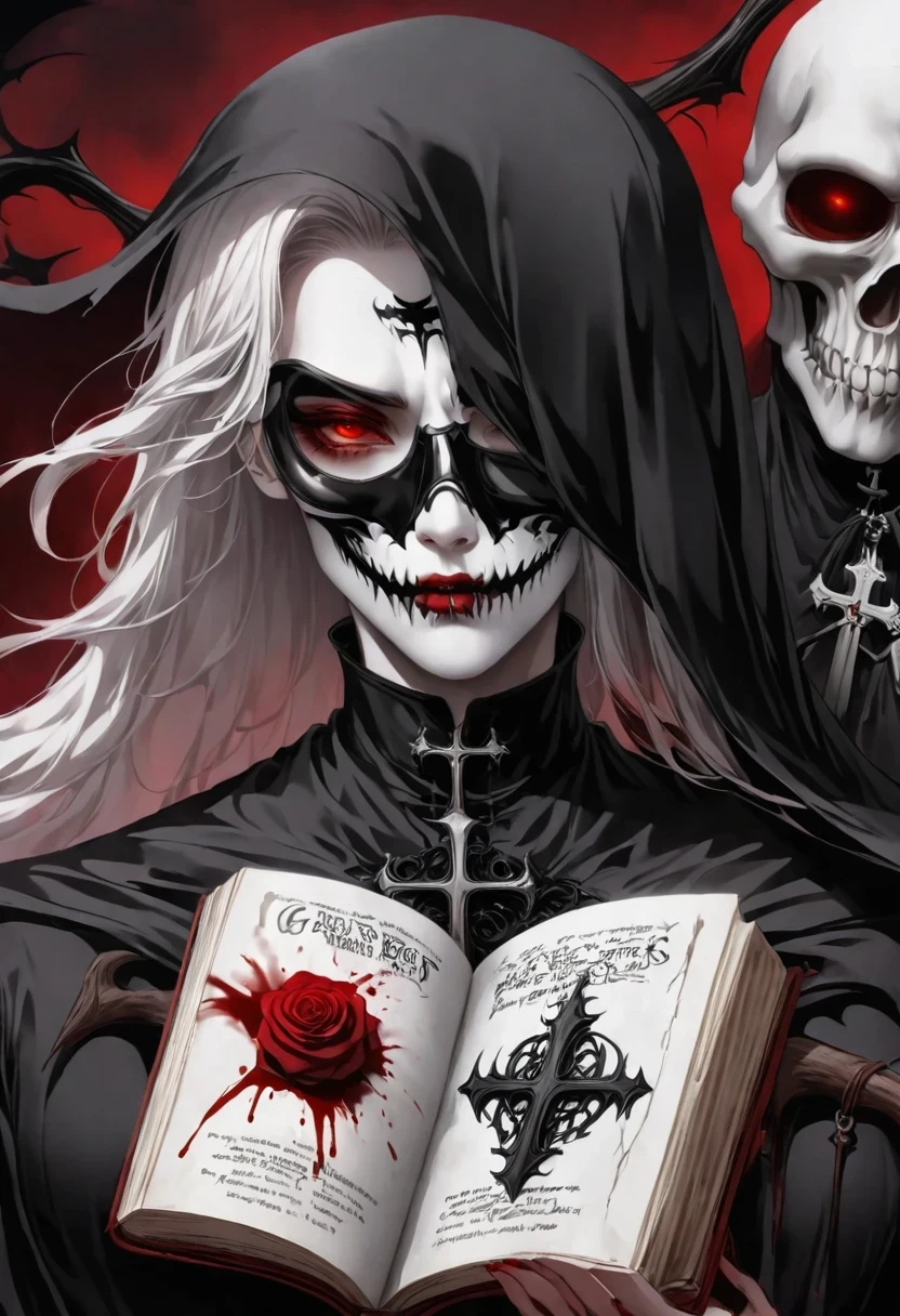 Alafd image,One was wearing a black robe、man holding red rose, blood spatter,blood pool,cross,Magic book,Gothic elements,the grim Reaper, grim Reaper, Beautiful male grim Reaper, reaper as a scary, portrait of grim Reaper, reaper in overwatch, A harbinger of death, punk grim Reaper, reminded me of the grim Reaper, reaper, grim Reaper