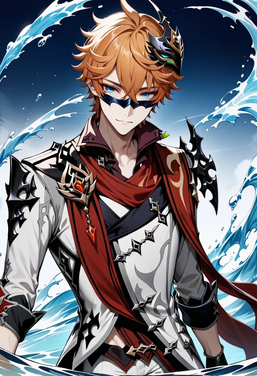 masterpiece, best quality, Tartaglia (Genshin Impact), Gloves, mask, male focus, 1 boy, blue eyes, black Gloves, alone, orange hair, Bangs, water, Jacket, hair between eyes, jewelry, scarf,