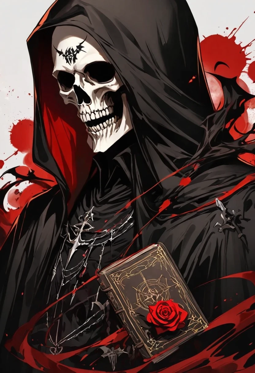 Alafd image,One was wearing a black robe、man holding red rose, blood spatter,blood pool,cross,Magic book,Gothic elements,the grim Reaper, grim Reaper, Beautiful male grim Reaper, reaper as a scary, portrait of grim Reaper, reaper in overwatch, A harbinger of death, punk grim Reaper, reminded me of the grim Reaper, reaper, grim Reaper