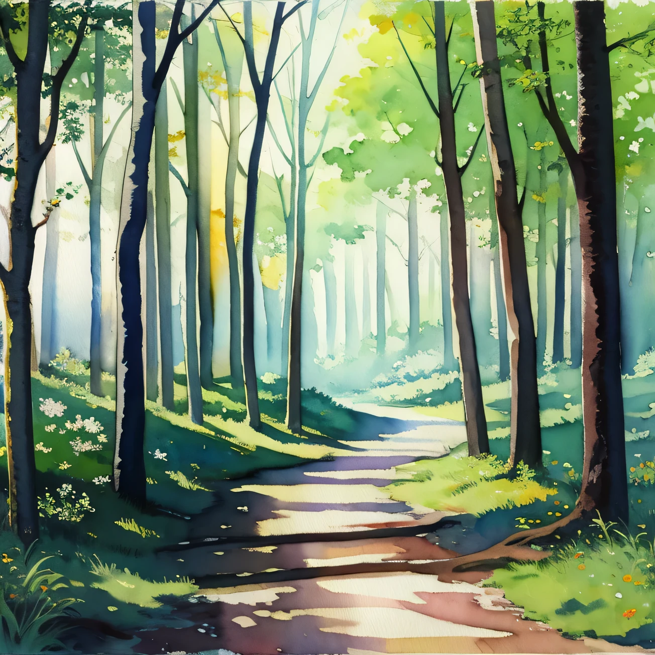 wood、watercolor、Bright colors、Forest
