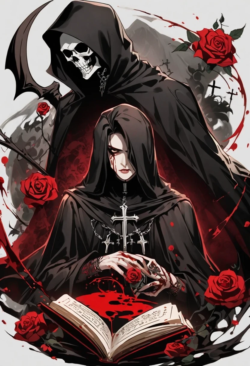 Alafd image,One was wearing a black robe、man holding red rose, blood spatter,blood pool,cross,Magic book,Gothic elements,the grim Reaper, grim Reaper, Beautiful male grim Reaper, reaper as a scary, portrait of grim Reaper, reaper in overwatch, A harbinger of death, punk grim Reaper, reminded me of the grim Reaper, reaper, grim Reaper