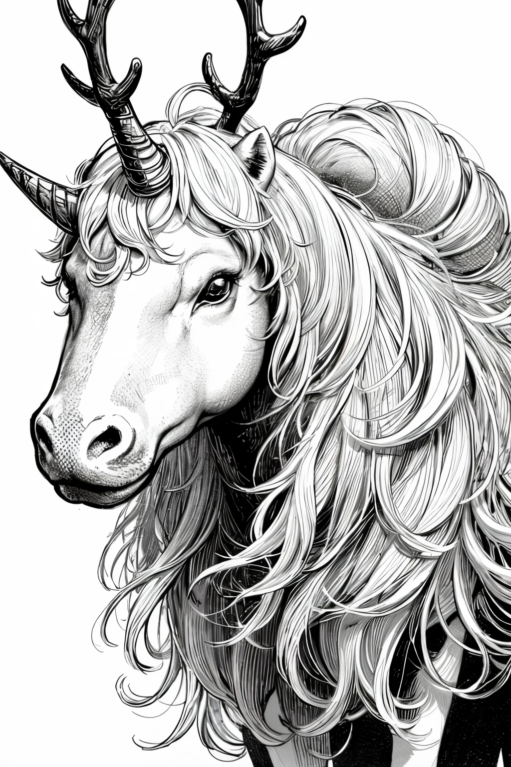 b/w outline art for kids coloring book page unicorn
, coloring pages, Reindeer, full white, kids style, white background, whole body, Sketch style, (((((white background))))), only use outline., cartoon style, line art, coloring book, clean line art, Sketch style, line-art,