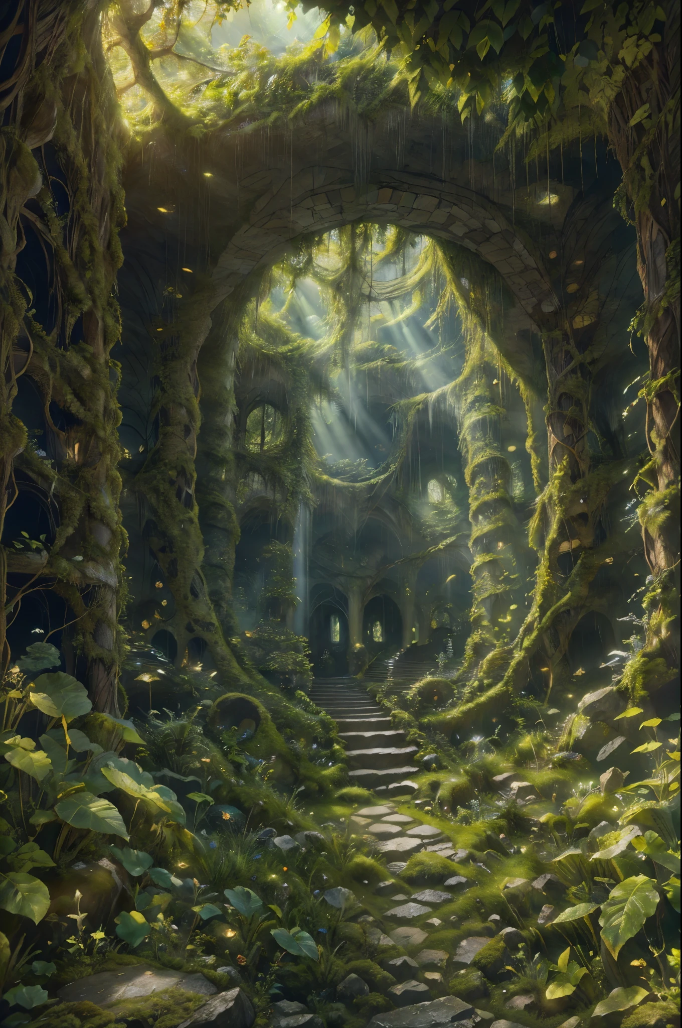 Masterpiece, best quality, 8k, panoramic view, inside the chamber, small closed oval space, covered in ivy, ruined walls, moss-covered stones, magical whispers, supernatural beauty, ancient secrets, hidden treasures, mystical aura,