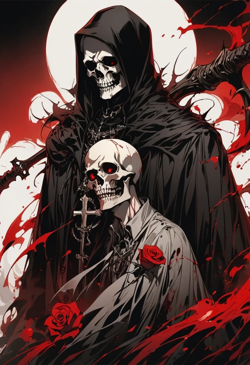 Alafd image,One was wearing a black robe、man holding red rose, the grim Reaper, grim Reaper, Beautiful male grim Reaper, cross,blood spatter,blood pool,reaper as a scary, portrait of grim Reaper, gothic elements,reaper in overwatch, A harbinger of death, punk grim Reaper, reminded me of the grim Reaper, reaper, grim Reaper