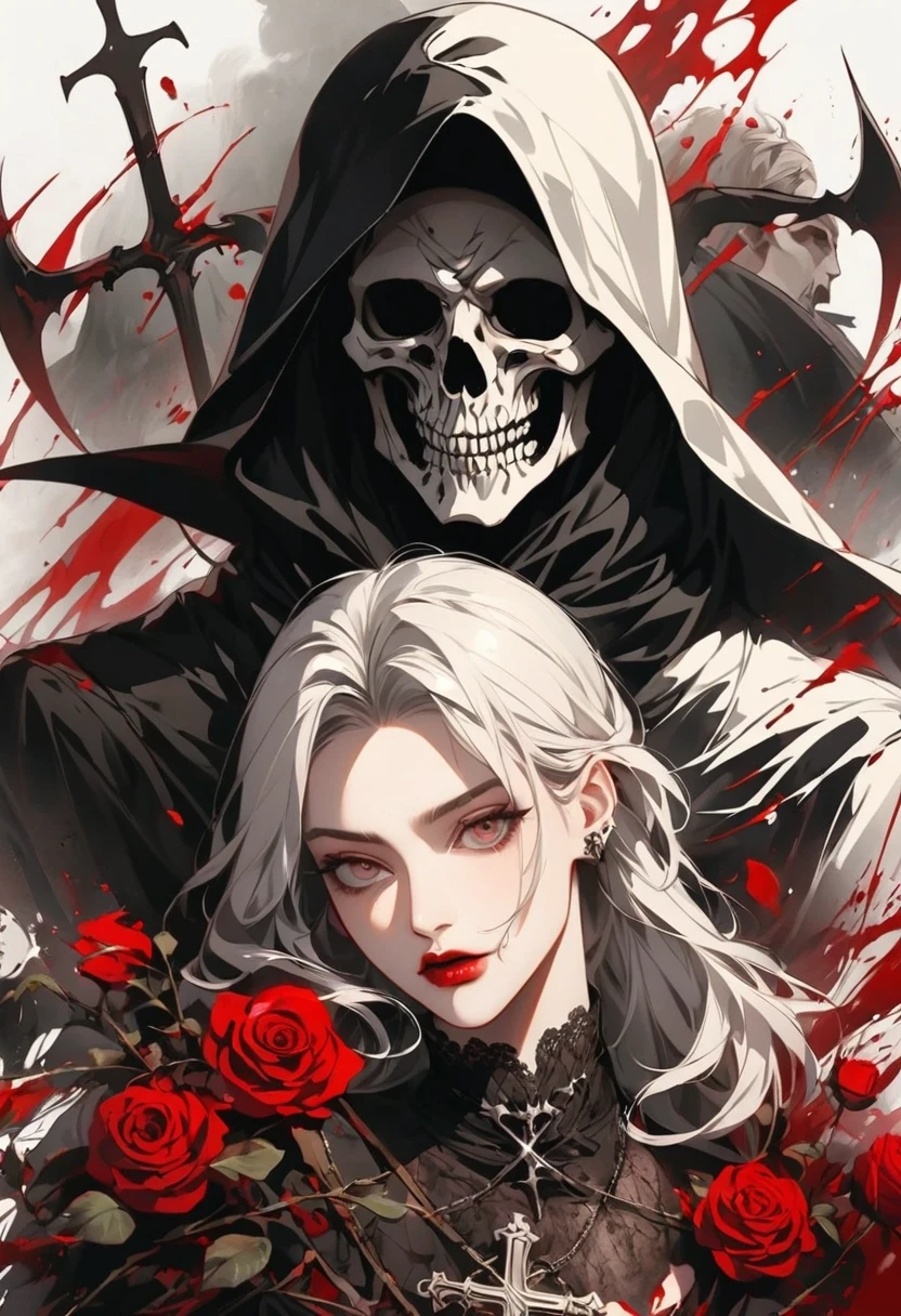 Alafd image，One was wearing a black robe、man holding red rose, the grim Reaper, grim Reaper, Beautiful male grim Reaper, cross，blood spatter，blood pool，reaper as a scary, portrait of grim Reaper, gothic elements，reaper in overwatch, A harbinger of death, punk grim Reaper, reminded me of the grim Reaper, reaper, grim Reaper