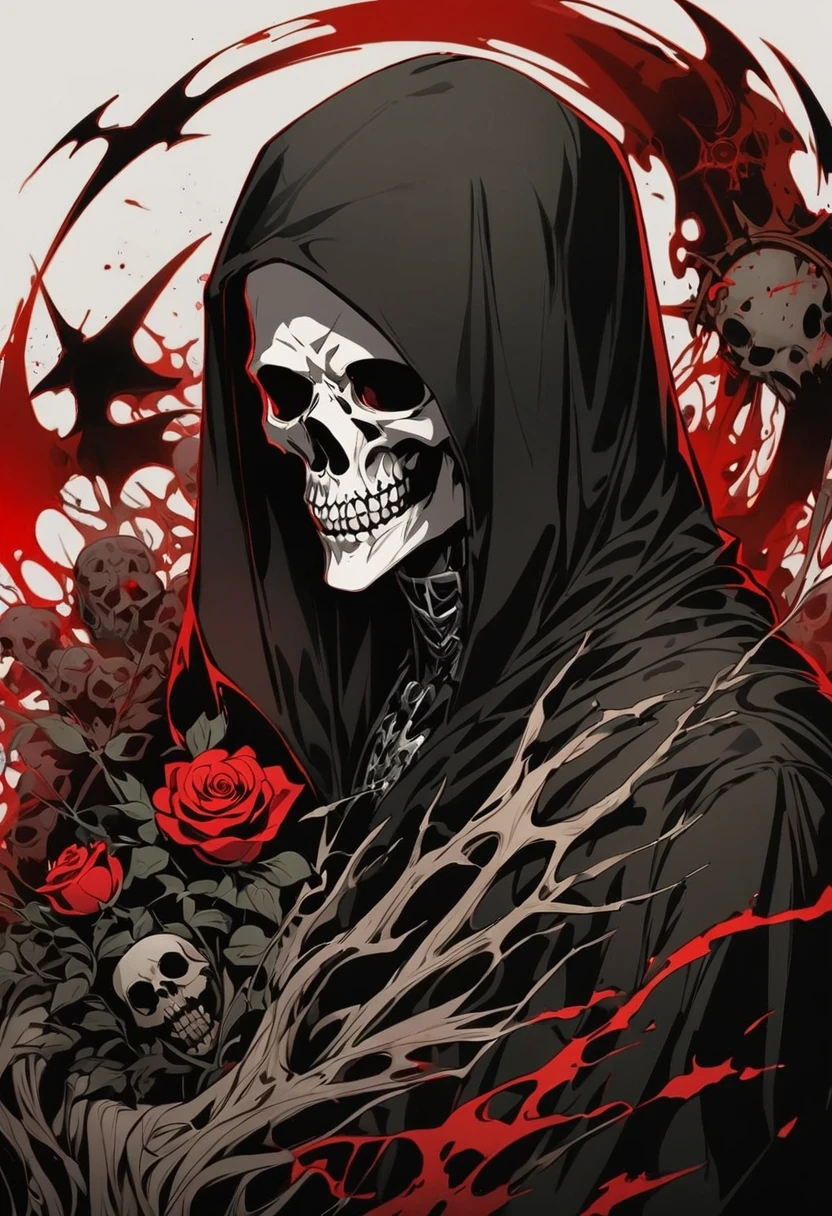 Alafd image，One was wearing a black robe、man holding red rose, the grim Reaper, grim Reaper, Beautiful male grim Reaper, cross，blood spatter，blood pool，reaper as a scary, portrait of grim Reaper, gothic elements，reaper in overwatch, A harbinger of death, punk grim Reaper, reminded me of the grim Reaper, reaper, grim Reaper