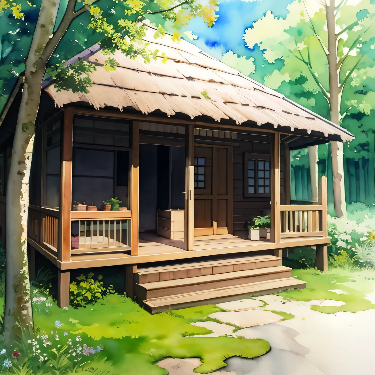 wood、watercolor、Bright colors、Forest、hut