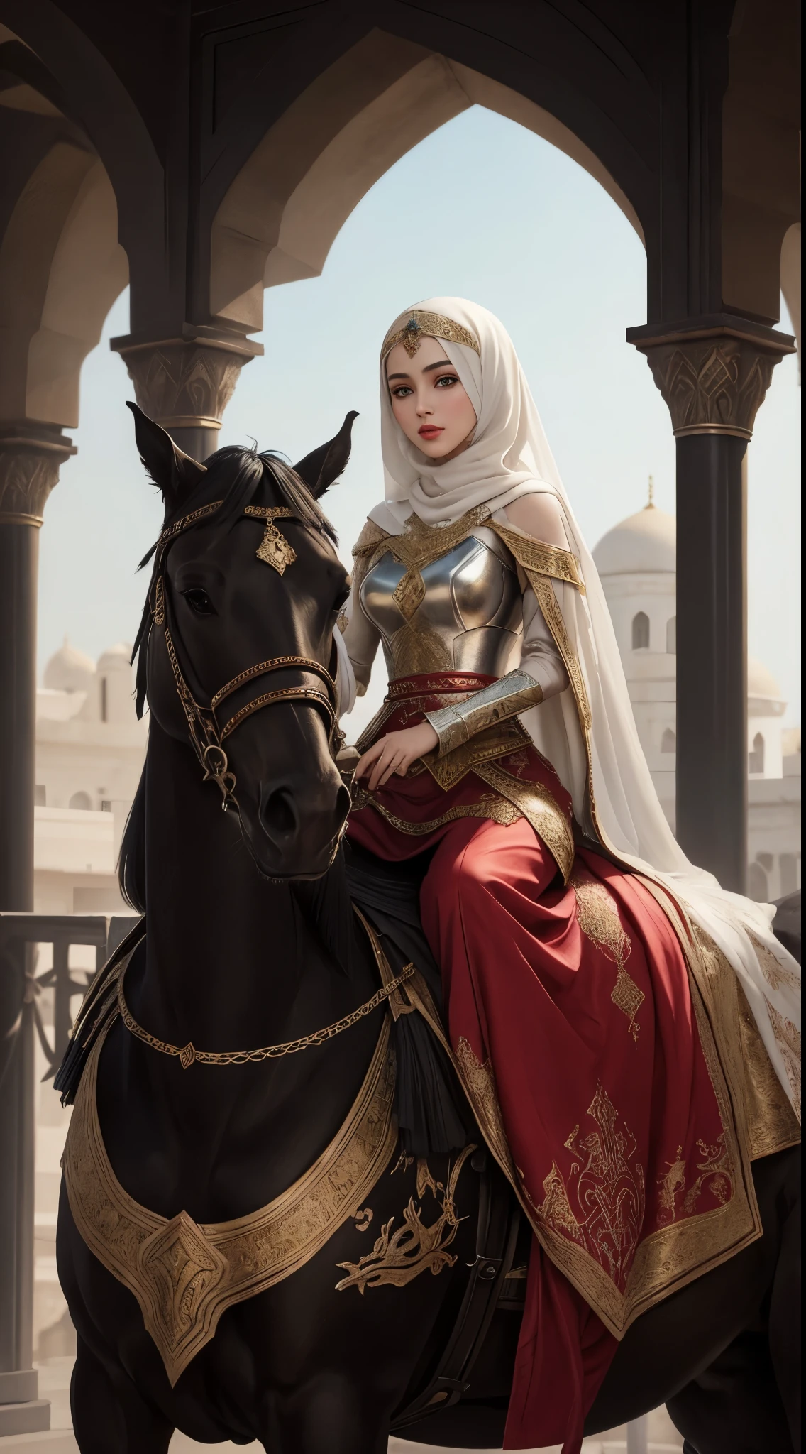 an Arabian beautiful 20th woman in hijab and Islamic long uniform, beautiful detailed face, a long red islamic dress, perfect islamic red dress, big green eyes, red lips, white skin, eyeshadow, realistic Art Station, hard, Detailed Fantasy Art, Stunning Character Art, beautiful Exquisite Character Art, Beautiful black Armor, Extremely Detailed, blue armor Girl, Exquisite Intricate Headdress and Jewelry, close capture, mulim lady with Muslim uniform, riding white horse, birds around