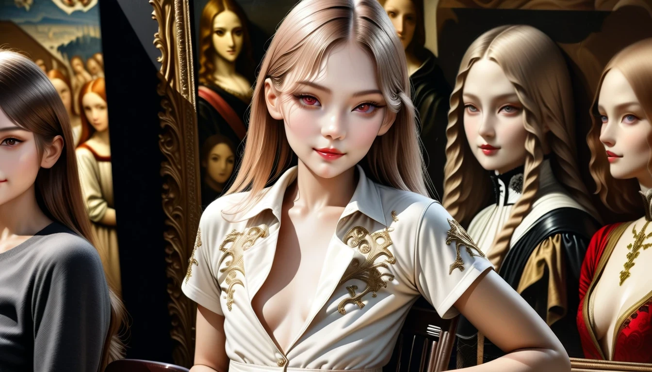 Florence Nightingale, (ballet costume), sit on the chair, smile for camera, white formal shirt, Loose button collar, nipple lump, Long loose hair, (exquisite illustrations: 1.4), (renaissance art: 1.4), (ultra high resolution: 1.2), (photorealism: 1.4), (8K, original photo: 1.2), (soft focus: 1.4), ( 18 years old: 1.3), (sharp focus: 1.4), beautiful face,Attention to detail, pure rose face_v1