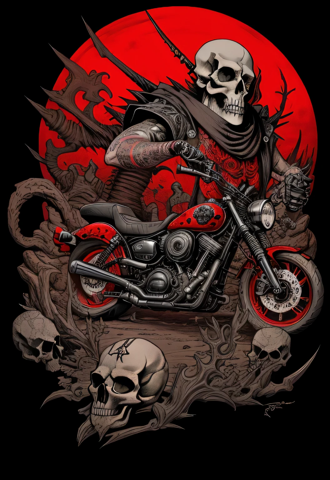 Tatto Design, Ilustration, Skulls and guns, 8K, Intrincate Details, Rock in roll, creative design, Radical, reddish colors, Hyper Detailed Guns, Ancient Skull, brutal, Motoclub 