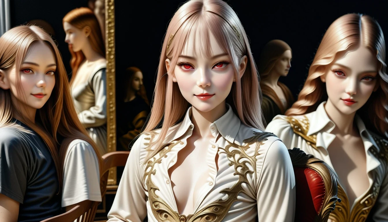 Florence Nightingale, (ballet costume), sit on the chair, smile for camera, white formal shirt, Loose button collar, nipple lump, Long loose hair, (exquisite illustrations: 1.4), (renaissance art: 1.4), (ultra high resolution: 1.2), (photorealism: 1.4), (8K, original photo: 1.2), (soft focus: 1.4), ( 18 years old: 1.3), (sharp focus: 1.4), beautiful face,Attention to detail, pure rose face_v1