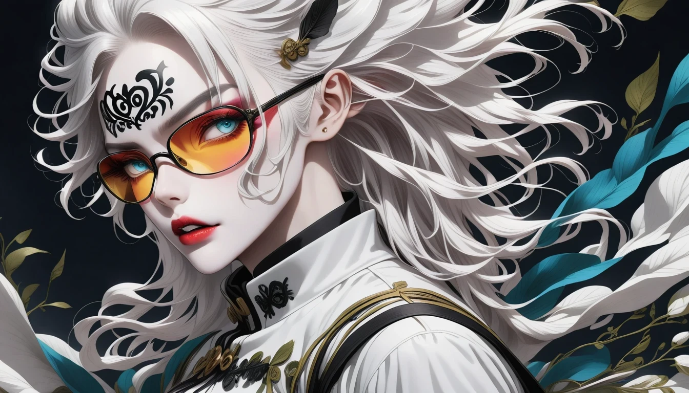 Busty woman , green eyes white hair blue sunglasses