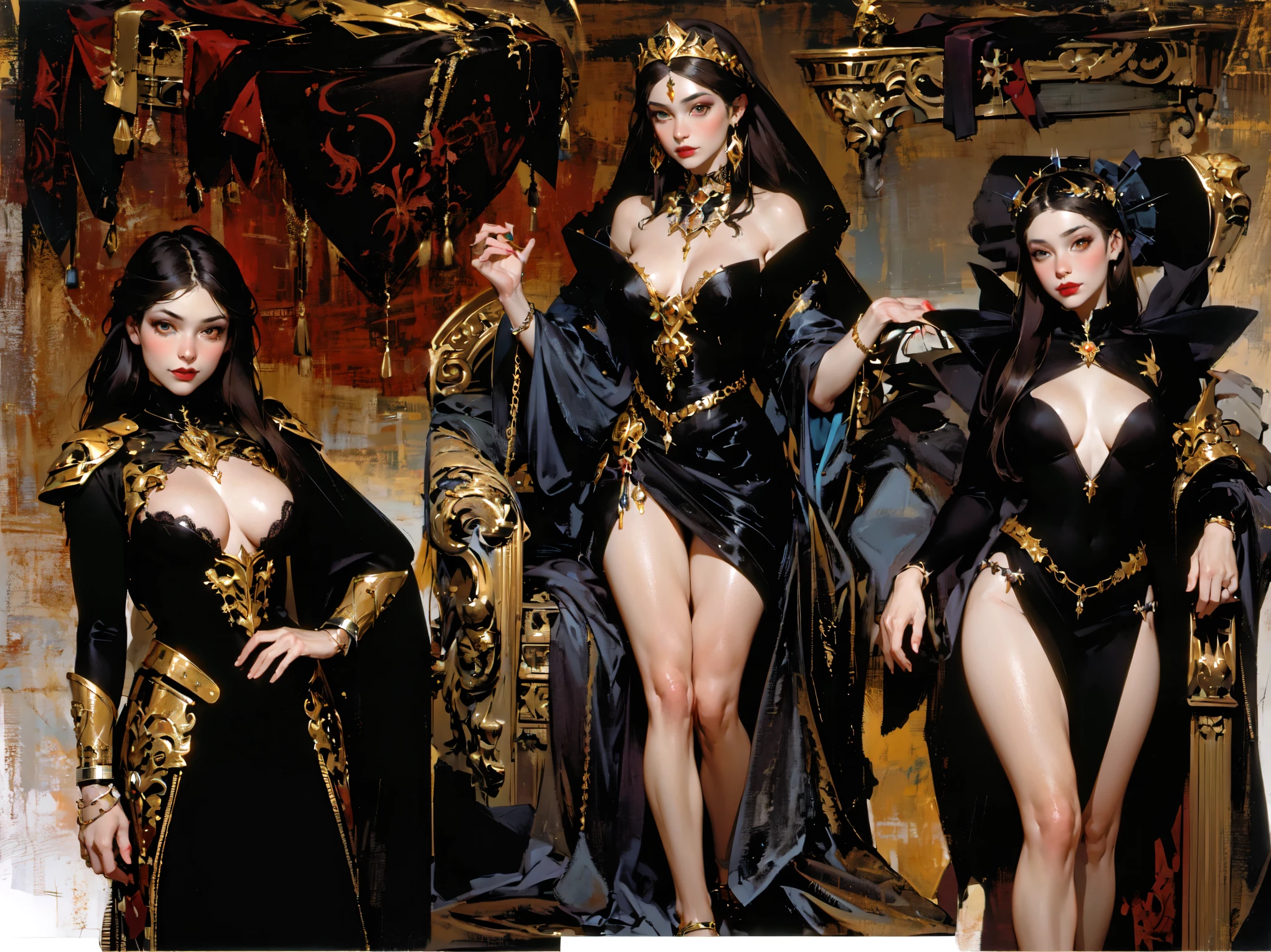 three women dressed in blend of fantasy and sci-fi attire, elegance ceremonial regal attire, the empress in the center, High Priestess on the right and personal guard on the left, black/gold theme, elegance, majestic, ethereal, dark sorcery, evil empire, H.R. Giger, Renaissance era fashion, ((a beautiful fantasy evil empress)), the three moiras, glamourous cosplay, killstar, a beautiful fantasy evil empress