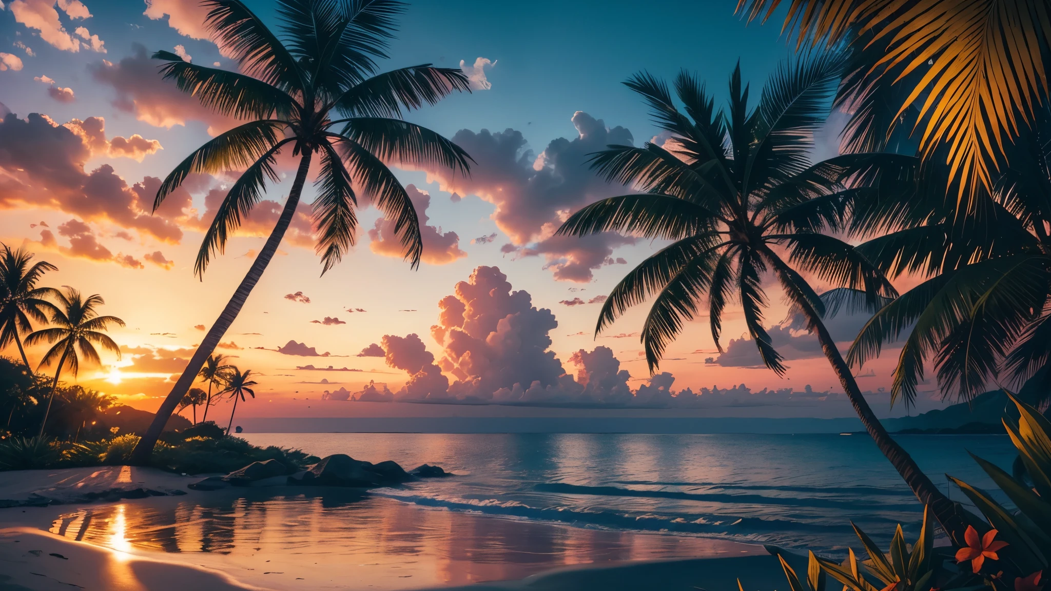 Masterpiece, best quality, sunny beach, undulating palm trees and vibrant tropical landscapes, photorealistic, photography, sunny, twilight, tropical jungle, highres, flower, cinematic lighting
