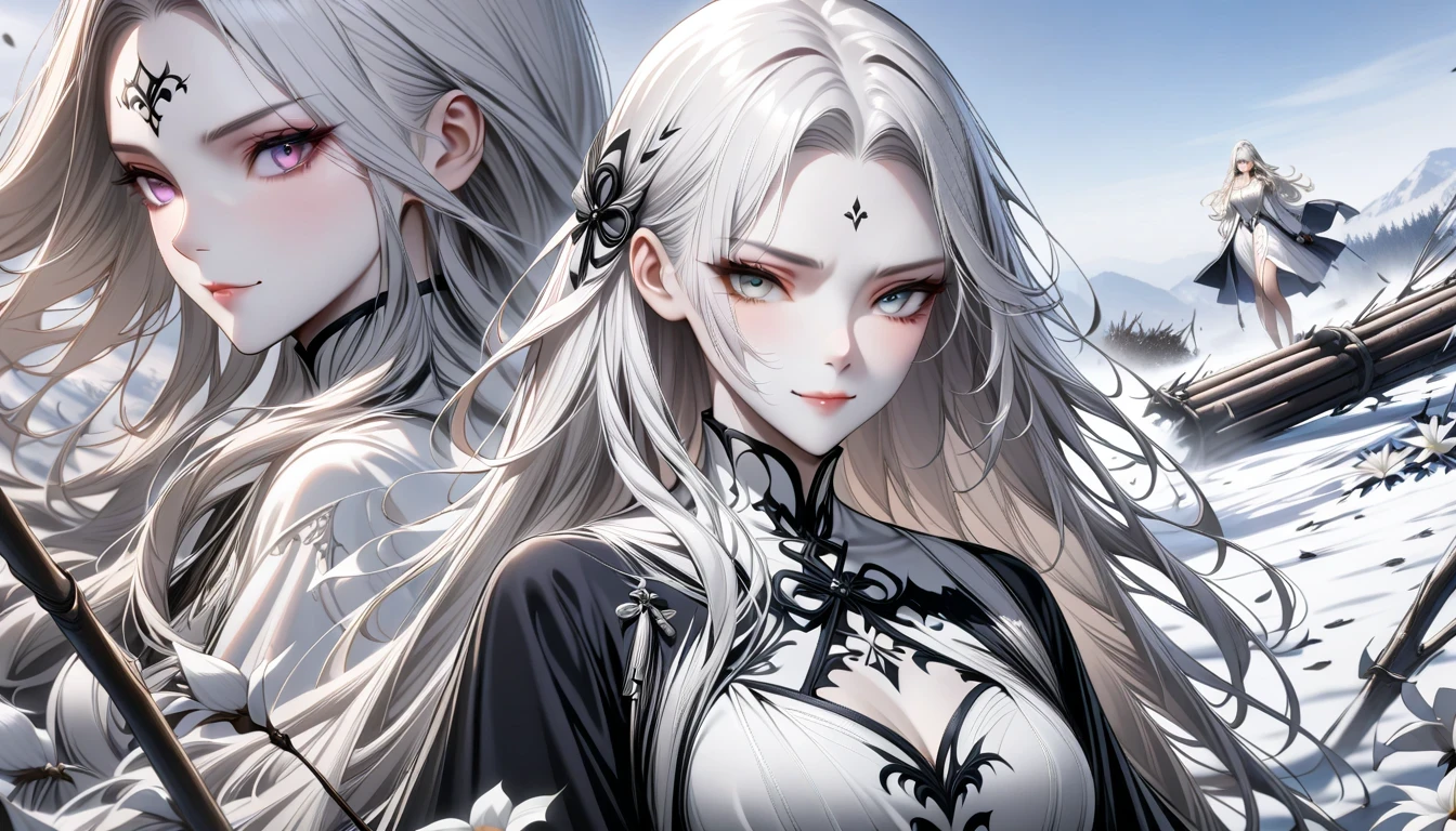 masterpiece, superb work, daytime, outdoor, fallen flowers, white dress, 1 girl, perfect woman, silver and white long hair woman, gray blue eyes, light pink lips, cold, Serious, boom, purple eyes, White clothes, black clothing series, delicate face, delicate face, Stand and bow, tassel, happy knot, Smile