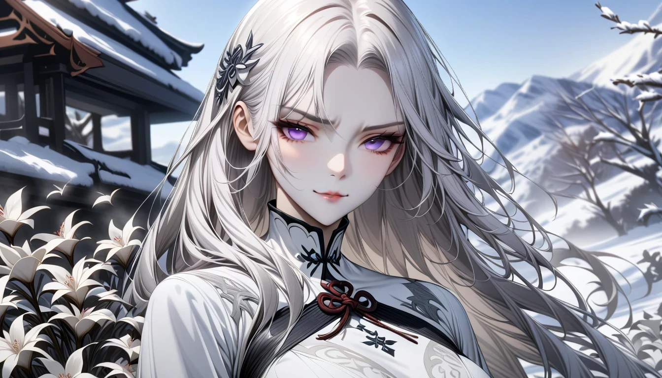 masterpiece, superb work, daytime, outdoor, fallen flowers, white dress, 1 girl, perfect woman, silver and white long hair woman, gray blue eyes, light pink lips, cold, Serious, boom, purple eyes, White clothes, black clothing series, delicate face, delicate face, Stand and bow, tassel, happy knot, Smile