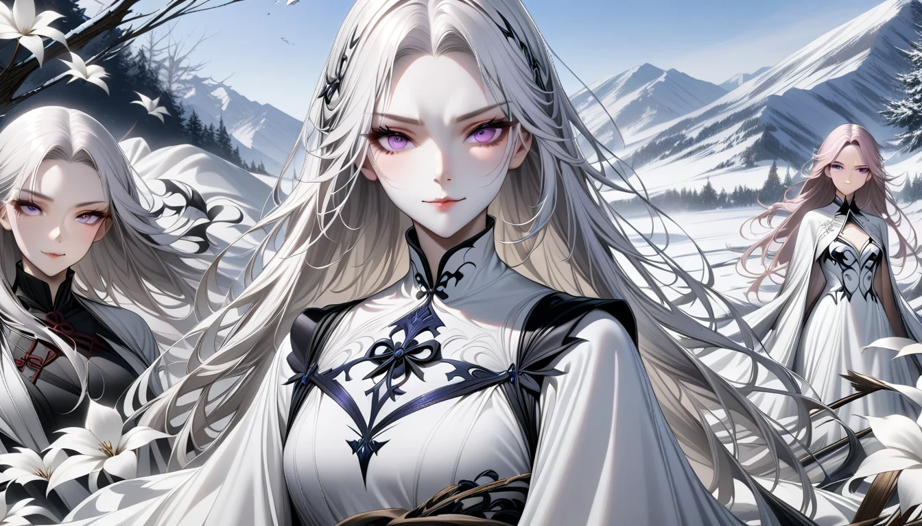masterpiece, superb work, daytime, outdoor, fallen flowers, white dress, 1 girl, perfect woman, silver and white long hair woman, gray blue eyes, light pink lips, cold, Serious, boom, purple eyes, White clothes, black clothing series, delicate face, delicate face, Stand and bow, tassel, happy knot, Smile