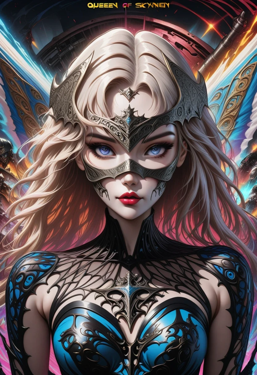 There is a woman standing in front of a huge, Inspired by Ken Kelly, epic album cover, Imogen Poots as Paladin, Ralph Horsley&#39;s Vibrant Colors, powerful wasteland princess, Skynet, intricate biopunk patterns, Queen of Warriors, Krull  