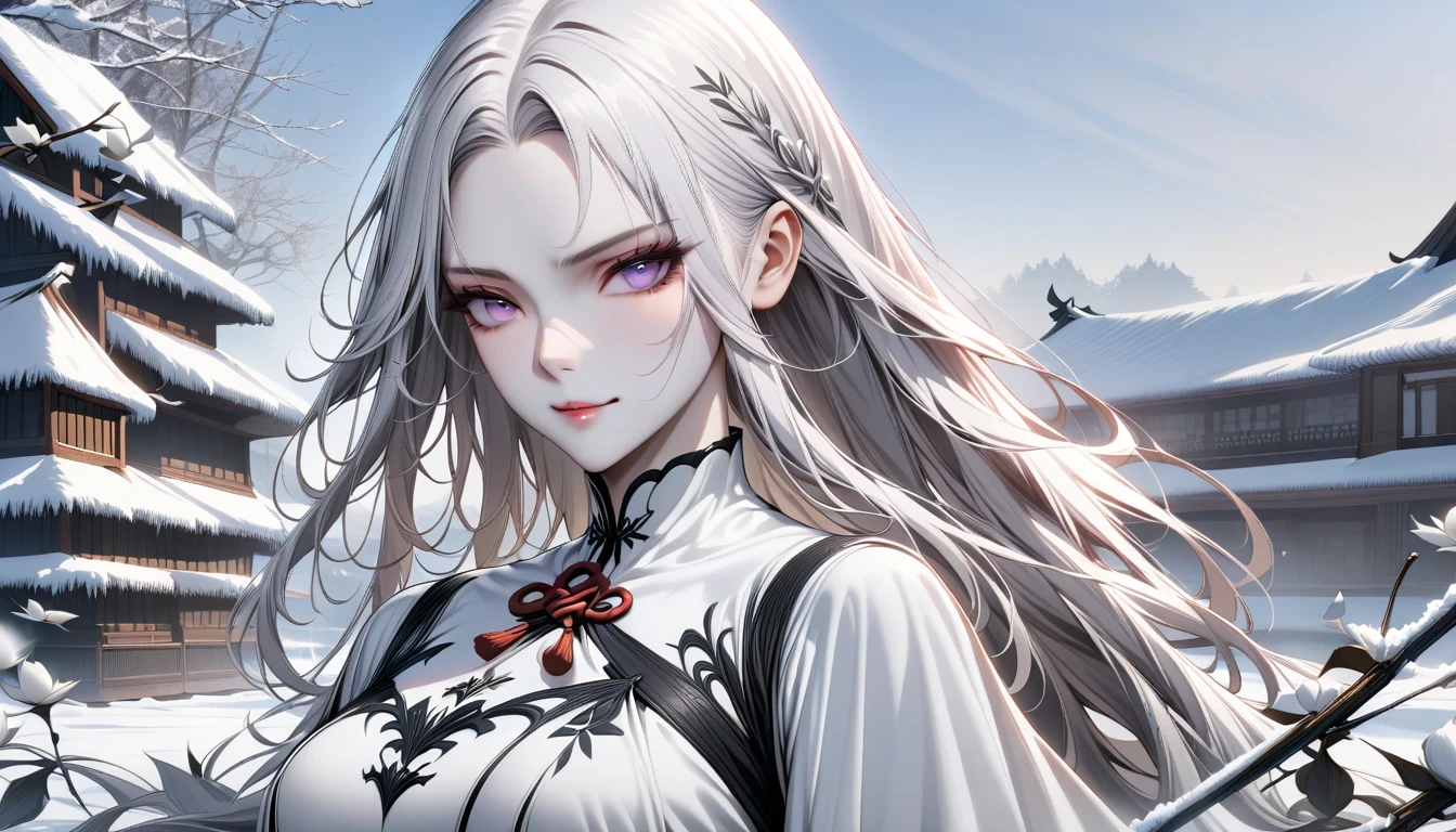 masterpiece, superb work, daytime, outdoor, fallen flowers, white dress, 1 girl, perfect woman, silver and white long hair woman, gray blue eyes, light pink lips, cold, Serious, boom, purple eyes, White clothes, black clothing series, delicate face, delicate face, Stand and bow, tassel, happy knot, Smile