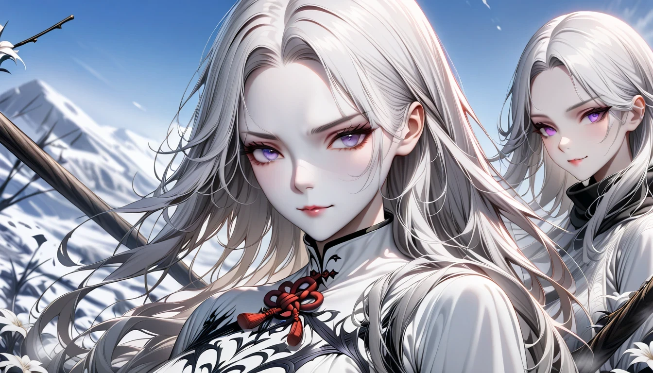 masterpiece, superb work, daytime, outdoor, fallen flowers, white dress, 1 girl, perfect woman, silver and white long hair woman, gray blue eyes, light pink lips, cold, Serious, boom, purple eyes, White clothes, black clothing series, delicate face, delicate face, Stand and bow, tassel, happy knot, Smile