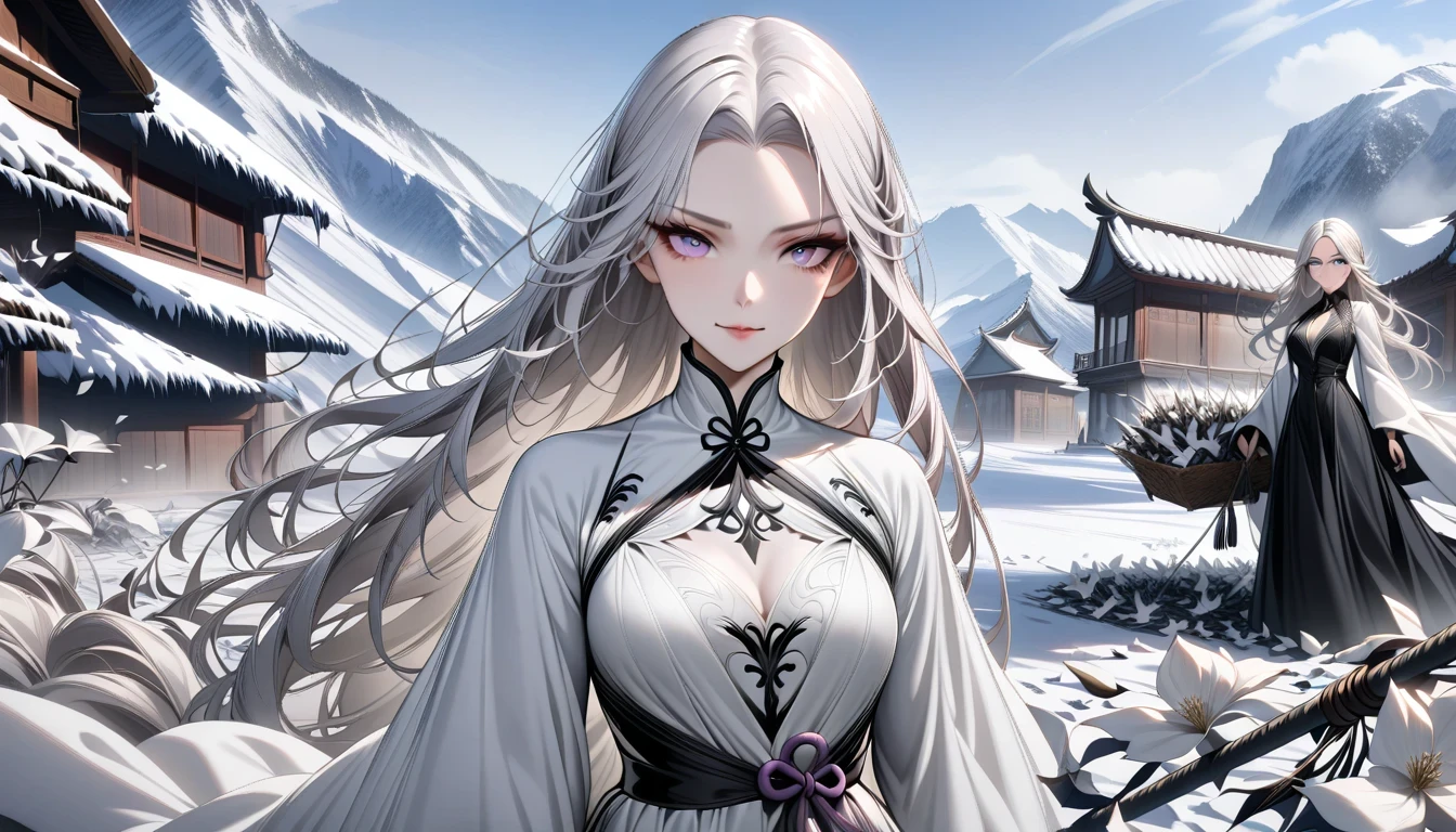masterpiece, superb work, daytime, outdoor, fallen flowers, white dress, 1 girl, perfect woman, silver and white long hair woman, gray blue eyes, light pink lips, cold, Serious, boom, purple eyes, White clothes, black clothing series, delicate face, delicate face, Stand and bow, tassel, happy knot, Smile
