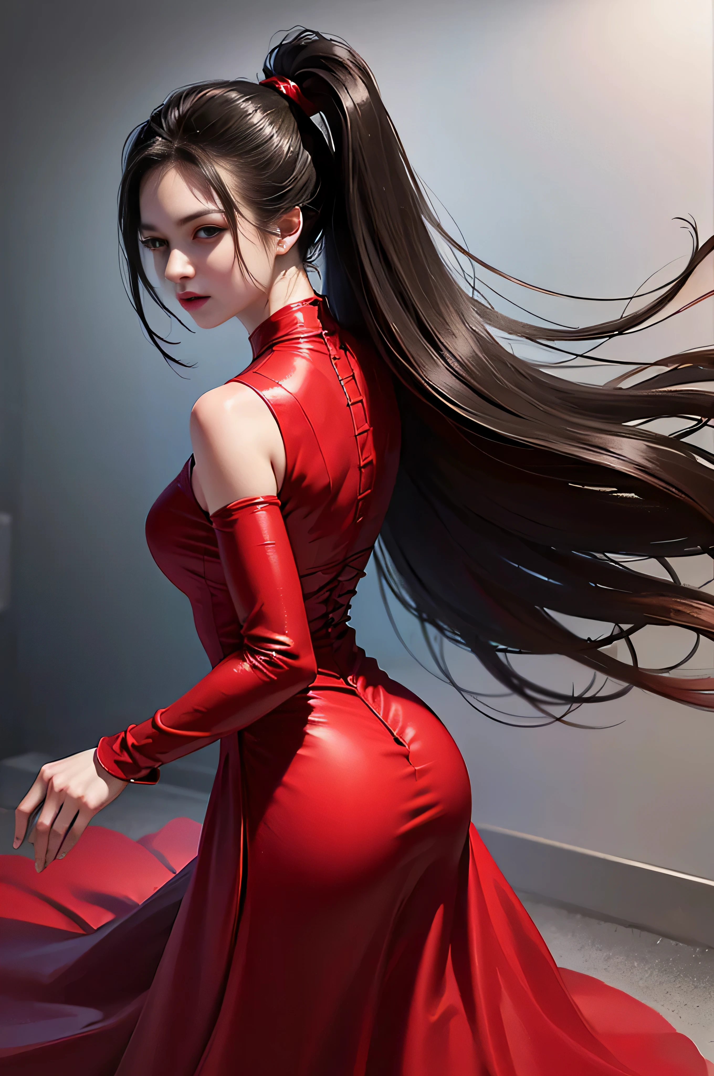 (skindentation:1.5), Realistic, Photorealistic, (masterpiece:1.5), concept art, intricate details, highly detailed, photorealistic, octane render, 8k, unreal engine, dynamic pose, best quality, highres, (realistic face:1.1), (hyperrealistic:1.1), (((full_body))), perfect eyes,(shiny skin:1.2), perfect hand, extremely detailed background, ((seductive devilish eyes)), ((1girl)), ((wearing red long silky dress)), ((detailed eyes, high quality eyes, high quality face)), long black hair, messy ponytail, dramatic, depth of field, bokeh, 4k, dancer, (((dancing))), (((red long chiffon dress))), turtle neck, bride