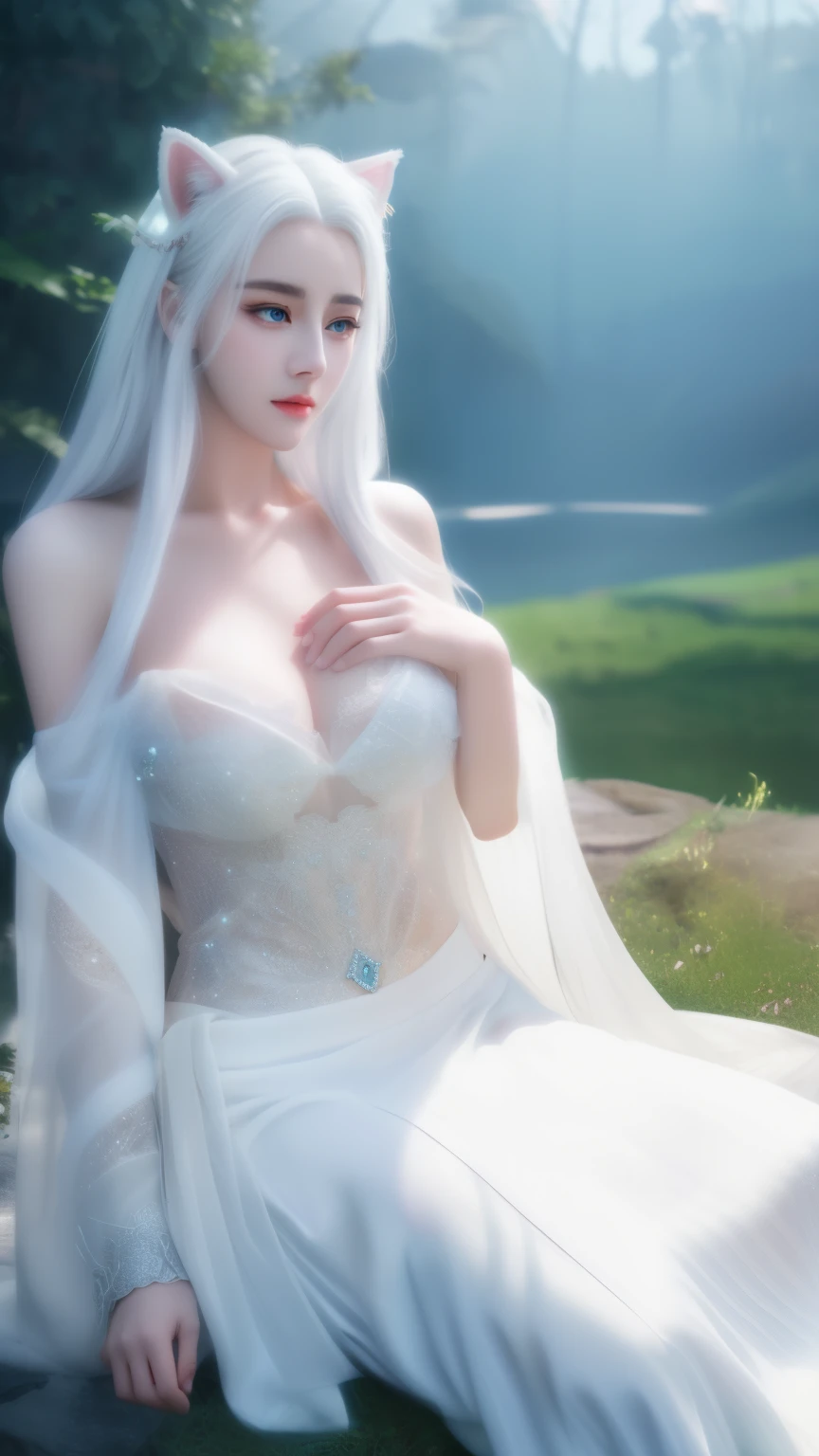 One wearing a white dress、Close-up of woman with cat ears, ethereal beauty, Stunning young and ethereal figure, huge breasts,bigger breasts,H cup,Expose more breasts,flowing white robe, flowing skirt, 1 more transparent skirt,Openwork skirt,There are no shoulder straps,flowing magic robe, beautiful girl, very beautiful top model, Beautiful digital artwork, tall thin beautiful goddess, beautiful goddess, Beautiful fantasy girl, beautiful fantasy art, Smooth digital concept art, Smooth anime CG art,blizzard,snow mountain,lake,white hair,His face was slightly red,There is a red dot decoration between the eyebrows