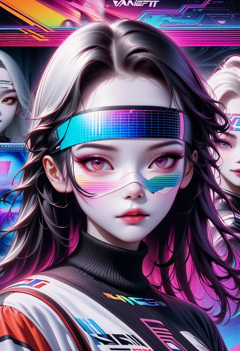 Close-up of person wearing headband, The art of math inspired by Yanjun Cheng, Douban, The art of math, Vibrant fan art, Lofi portrait, guweiz style artwork, new vapor wave, colorful numbers, Internet aesthetics, kpop idol portrait, yanjun chengt, Digital animation illustration, NFT portrait, Digital Cyberpunk Anime Art.