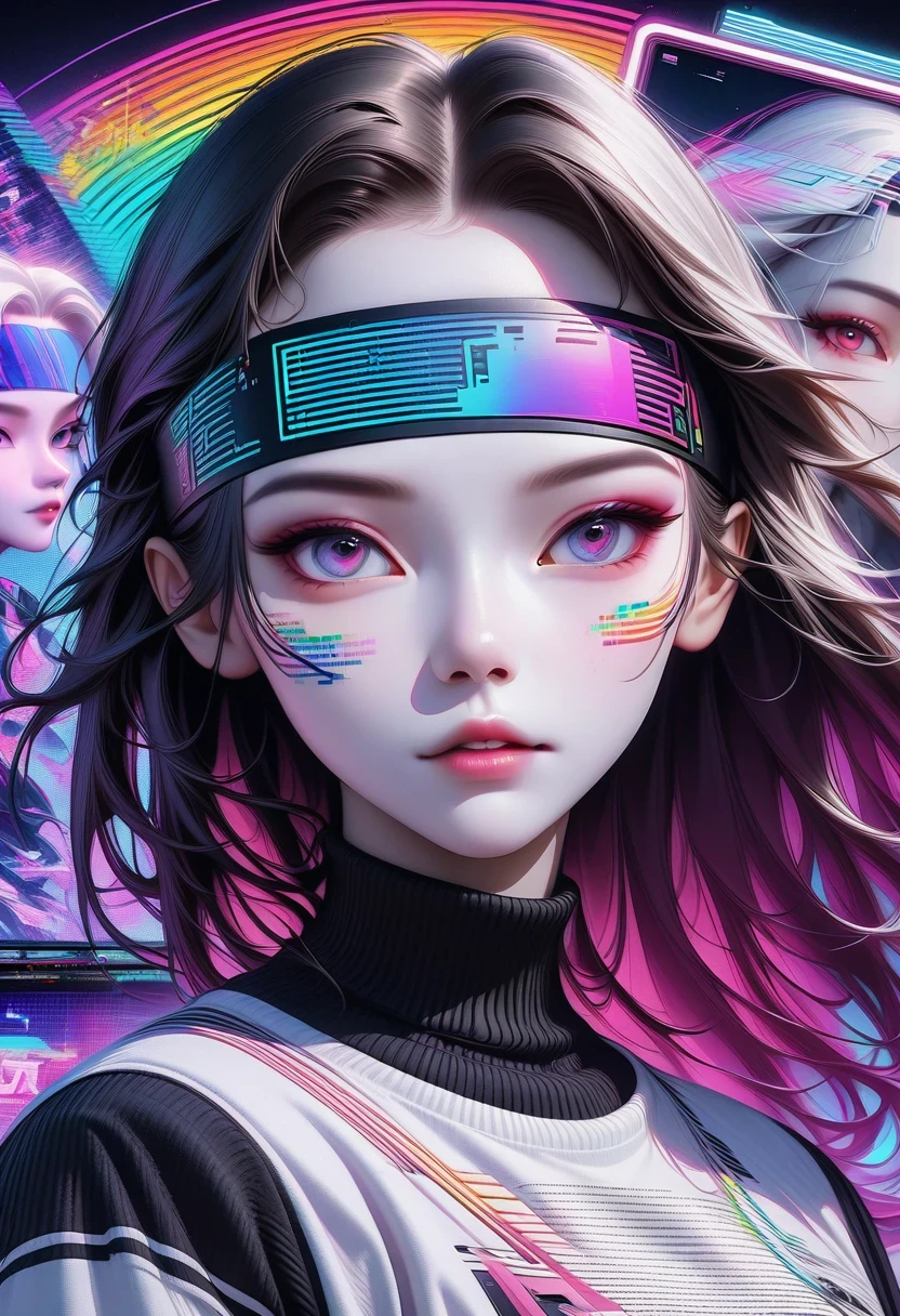 Close-up of person wearing headband, The art of math inspired by Yanjun Cheng, Douban, The art of math, Vibrant fan art, Lofi portrait, guweiz style artwork, new vapor wave, colorful numbers, Internet aesthetics, kpop idol portrait, yanjun chengt, Digital animation illustration, NFT portrait, Digital Cyberpunk Anime Art.