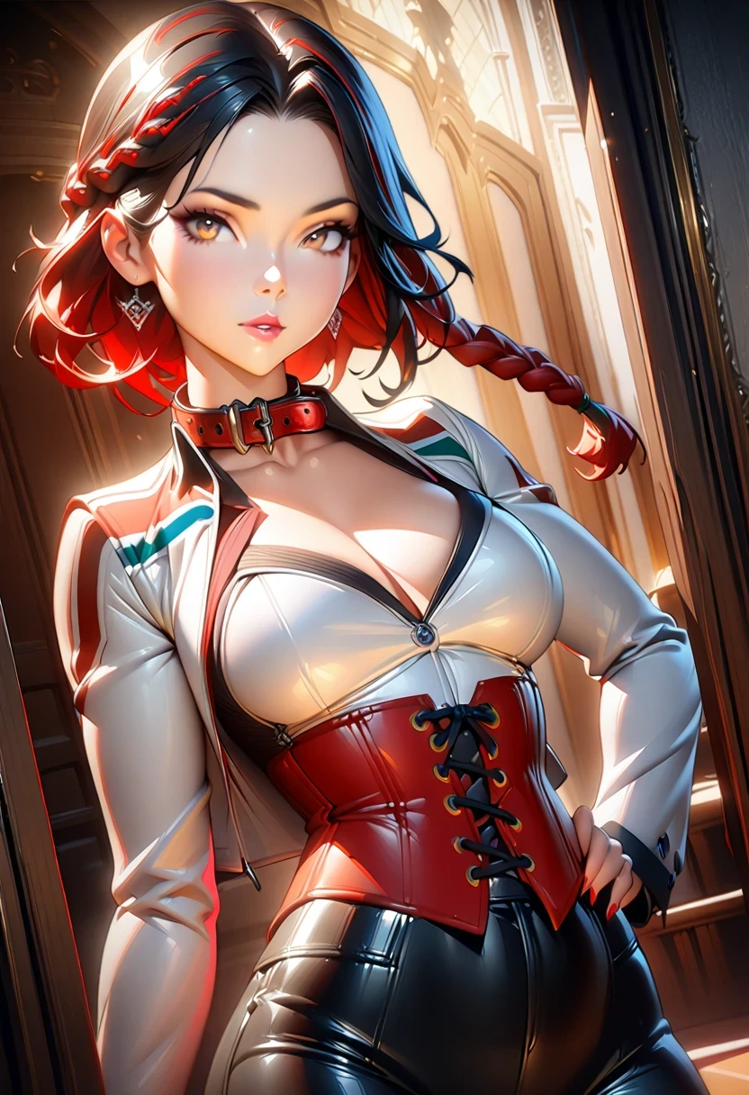 1 girl, Portrait of beautiful lobapex, Athletic, white jacket, corset, skirt, trousers, black hair, Red hair, braid, cosmetic, collar, split, wide , Volumetric lighting, best quality, masterpiece, intricate details, Tone mapping, sharp focus, Super detailed, Popular topics on ArtStation, actual  