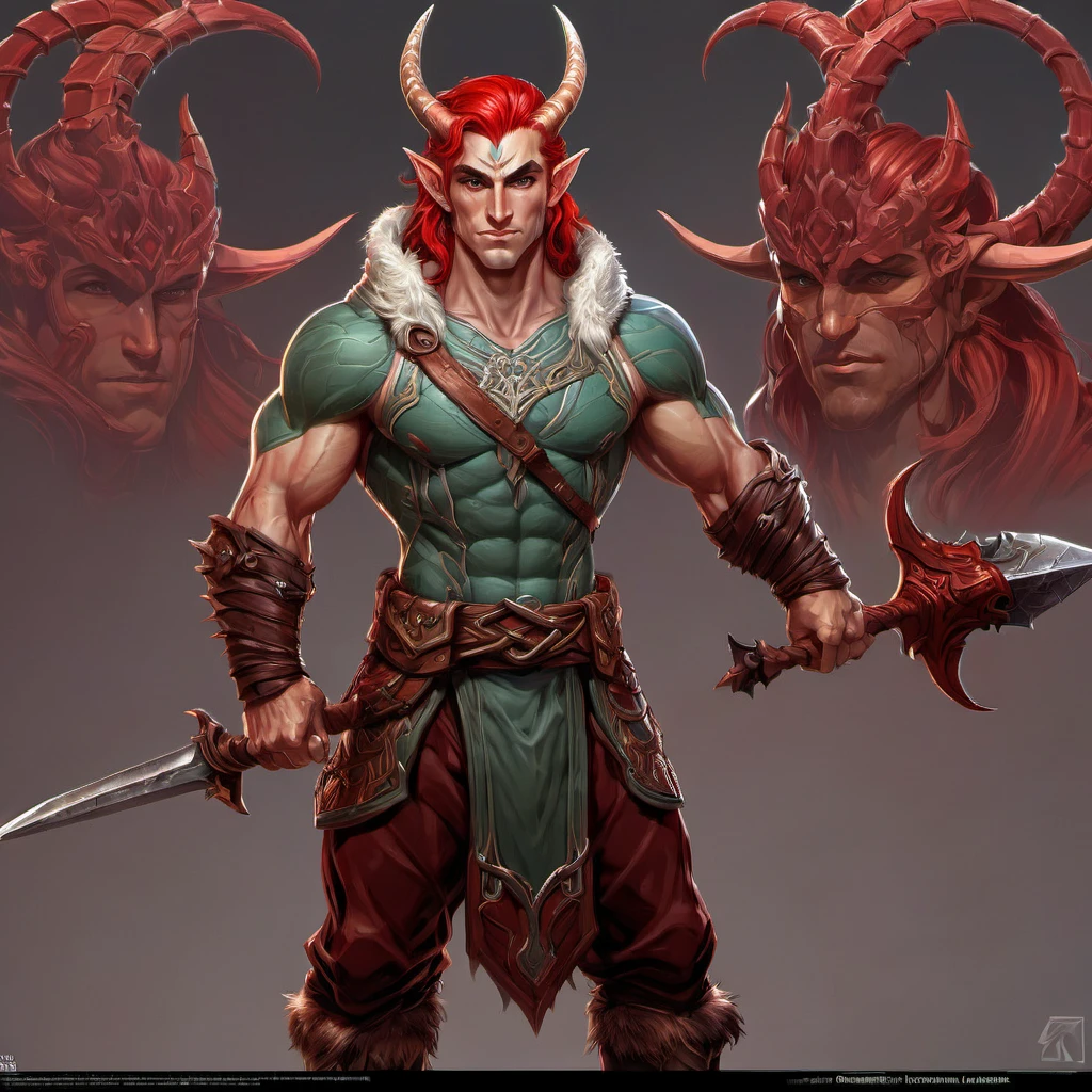 Dungeons & Dragons, aesthetic, dungeons and dragons, Character design sheet of male half elf horned warrior, bodybuilder physique, red hair, 4k, concept art, in nets of thorns, extreme detail, detailed drawing, trending artstation, hd, sport, d & d, realistic lighting, by Alphonse Mucha, Greg Rutkowski, sharp focus, backlit, soldier clothing