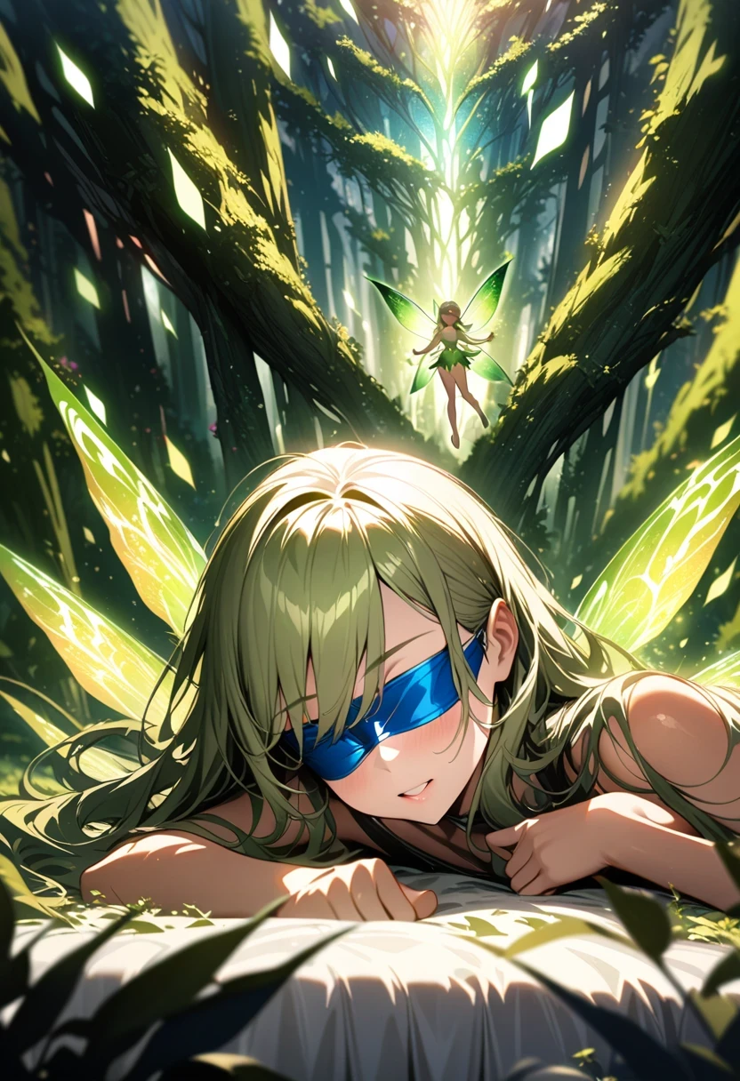 masterpiece, 1 fairy, Flying female fairy, perfect face, Light, glass tree forest, dramatic lie,  blindfolded, Super detailed, floating glow Lights, depth of field, (shining dust)