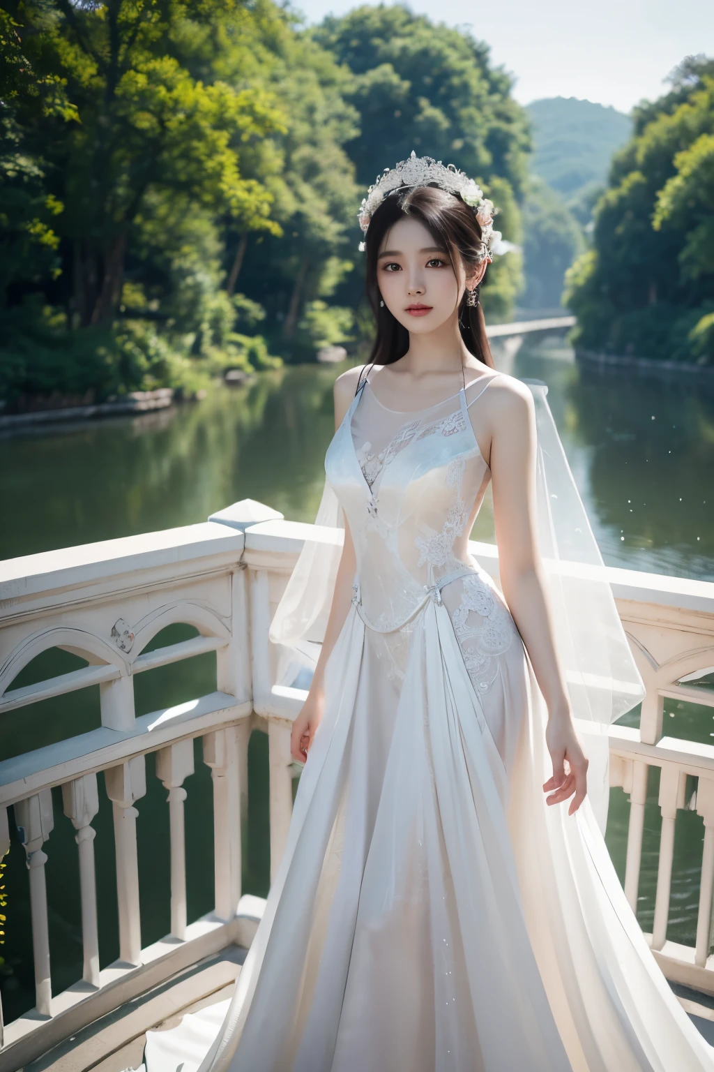 A woman in a white dress stands on a bridge near a building, Ethereal fairy tale, ethereal beauty, wenfei ye, xintong chen, Inspired by Zhang Yan, Dreamy intricate long gown, Inspired by Tang Yifen, jingna zhang, xue han, yanjun chengt, wenjun lin, Inspired by Qian Xuan, qifeng lin, wei wang