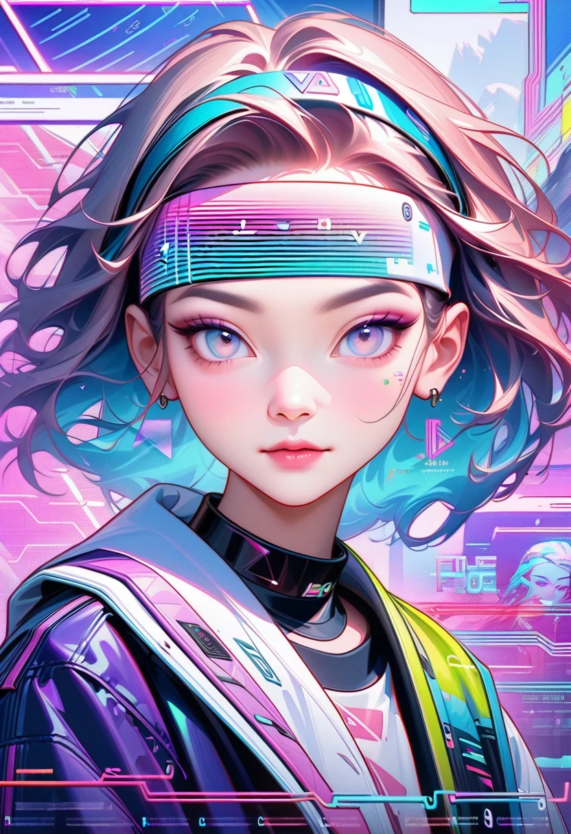 Close-up of person wearing headband, The art of math inspired by Yanjun Cheng, Douban, The art of math, Vibrant fan art, Lofi portrait, guweiz style artwork, new vapor wave, colorful numbers, Internet aesthetics, kpop idol portrait, yanjun chengt, Digital animation illustration, NFT portrait, Digital Cyberpunk Anime Art.